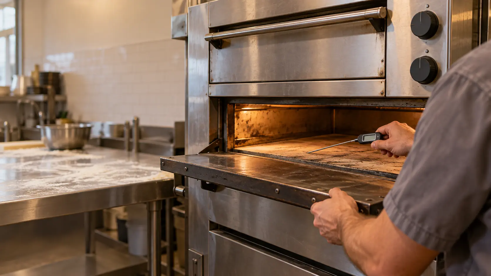 A technician in a plain gray work shirt holds a slim digital probe thermometer into the open lower chamber of a stainless deck pizza oven in a pizzeria, the pizza oven's control panel beside the door with dials, the stone deck empty, warm indoor light.
