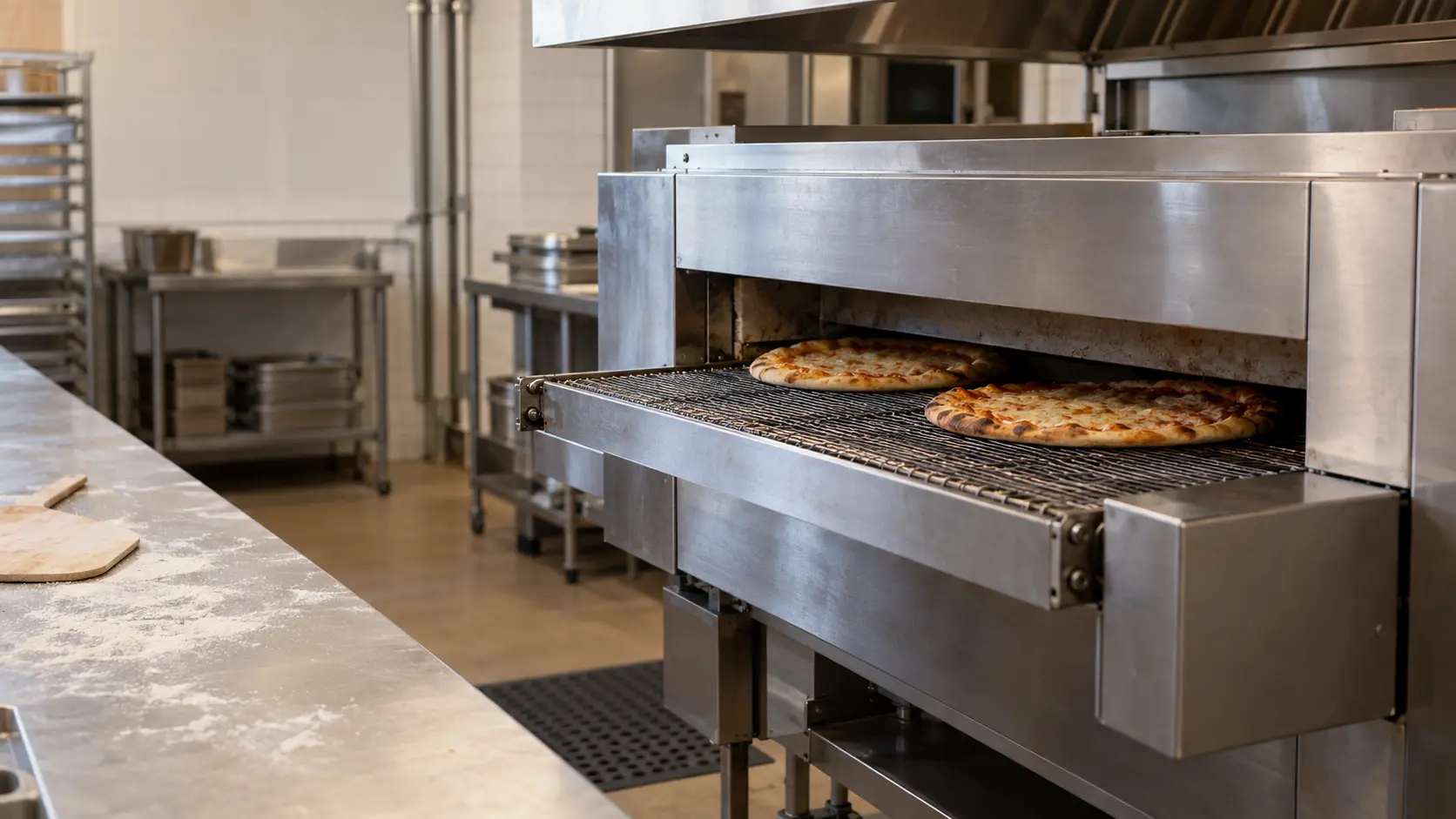 A stainless conveyor pizza oven in an empty pizzeria kitchen, its wire mesh belt stopped with two pizzas sitting half inside the tunnel mouth, one crust darkening at the edge, the drive cover at the end closed.