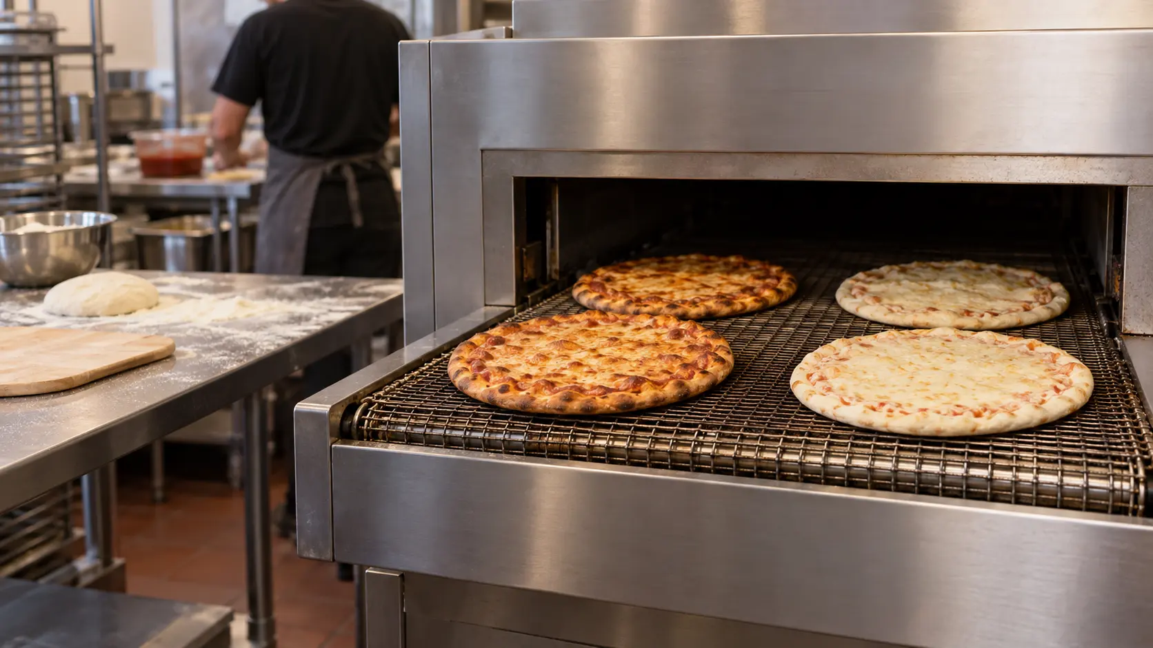Pizzas coming out of the exit end of a stainless conveyor pizza oven on a wire mesh belt, the pies on one side of the belt golden brown and those on the other side pale, the dark tunnel of the pizza oven behind them.