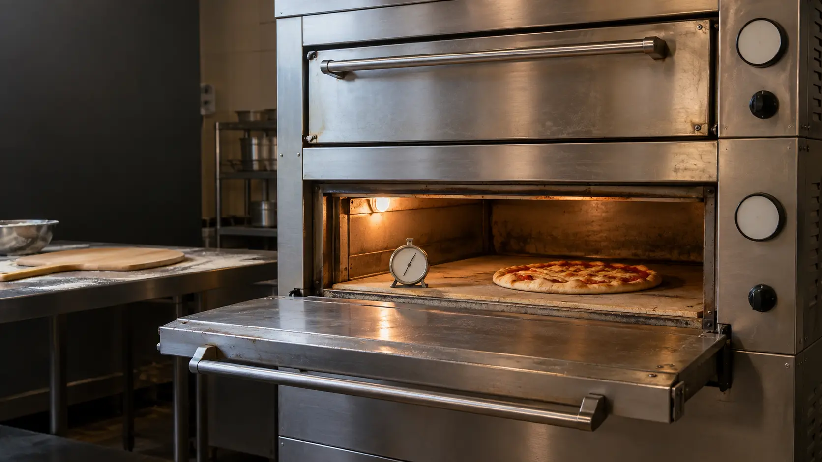 A stainless double deck pizza oven in a quiet pizzeria kitchen, one deck door lowered to show a round oven thermometer resting on the stone floor inside, a pizza half baked beside it, the analog dial on the front panel with no readable markings.