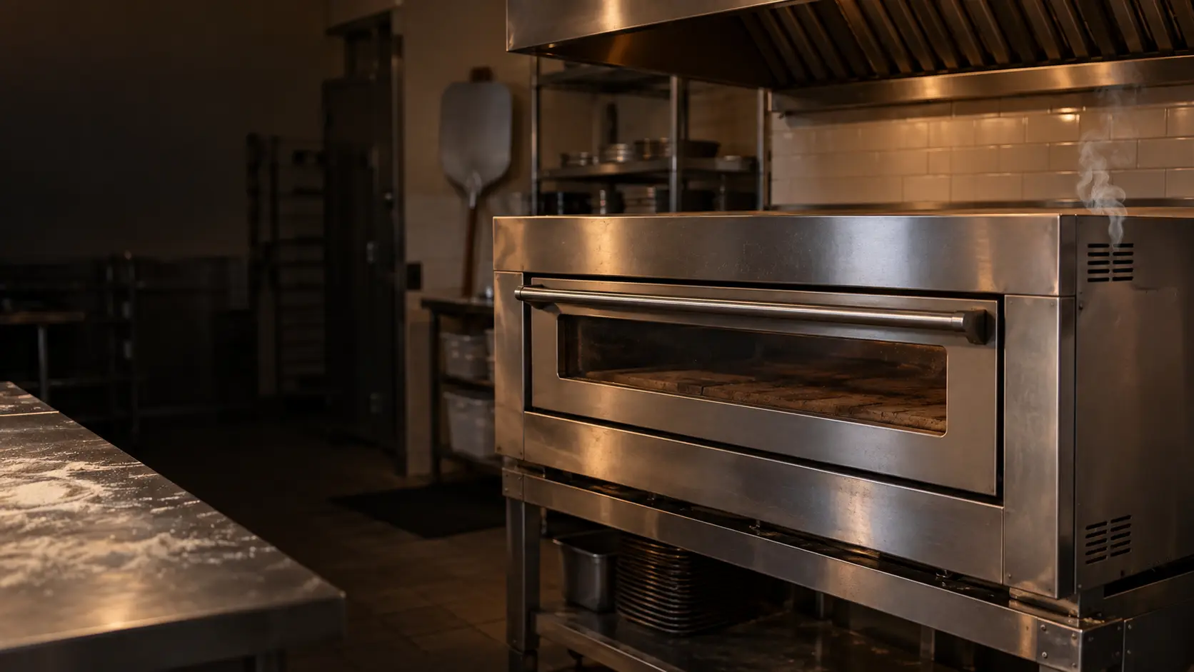A stainless electric deck pizza oven in an empty pizzeria kitchen after closing, a thin wisp of gray smoke drifting from the vent slots of its side control box, the pizza oven doors shut with the stone floor dark behind the glass.