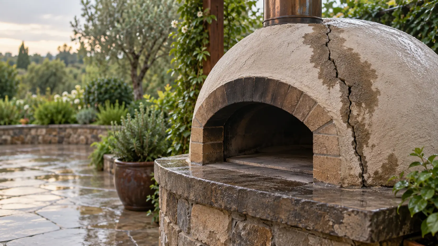 The outside of a stucco-covered domed wood-fired pizza oven in a garden after rain, a jagged crack running down the side of the dome with a dark damp stain around it, the arched mouth of the pizza oven open and its stone floor cold.