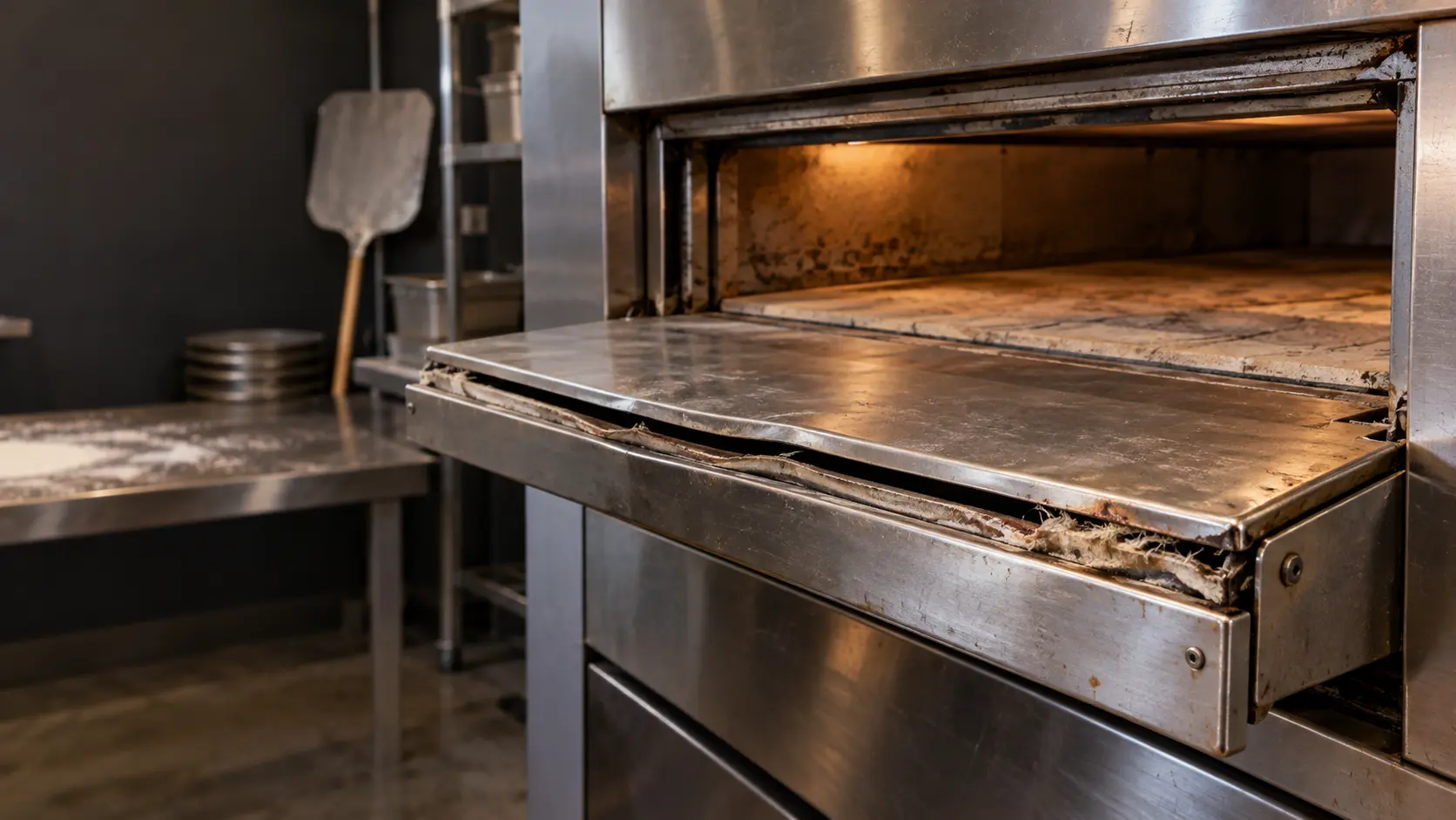 Close view of the lowered door of a stainless commercial deck pizza oven, its edge warped and the gasket along it frayed and flattened, a gap of dark space between door and frame, the pizza oven stone floor visible inside.