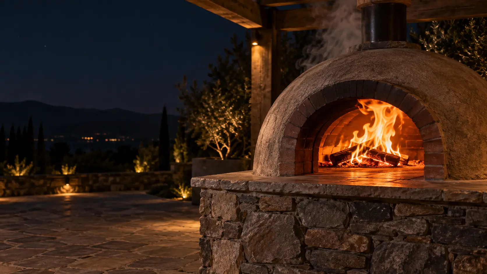 A domed wood-fired pizza oven on an empty stone terrace at night, a tall orange flame curling out of its arched mouth and smoke rising toward a wooden pergola beam above, the fire on the pizza oven stone floor behind it.