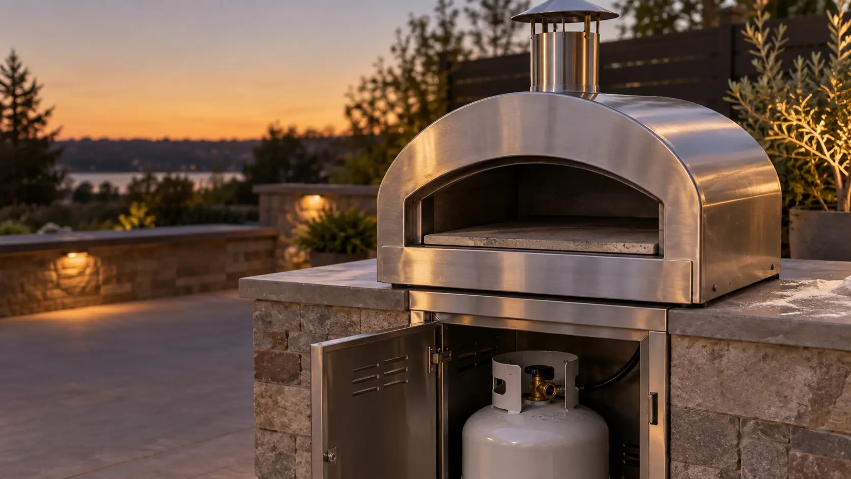 A stainless outdoor gas pizza oven standing alone on a counter at dusk, its door off and its stone floor cold and dark, the cabinet below open to show a propane tank with its valve closed.
