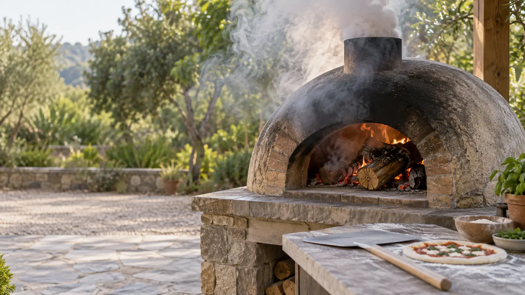A domed wood-fired pizza oven in a backyard, thick gray smoke billowing from its short chimney, a smoldering pile of large damp logs on the pizza oven stone floor visible through the arched mouth, the dome dark with soot.