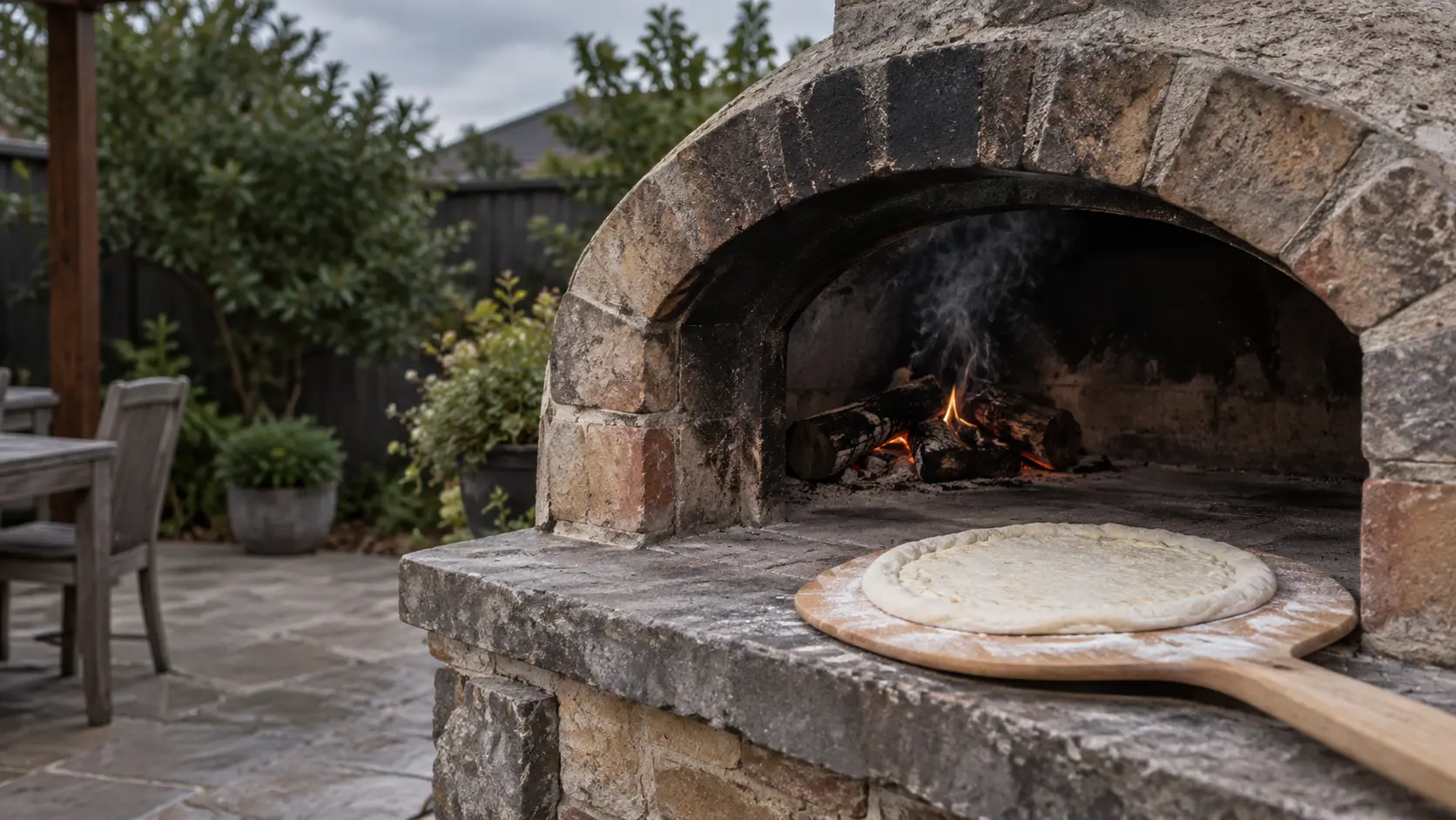 A domed wood-fired pizza oven in a backyard on an overcast day, a small smoky fire of dark damp logs at the back of the pizza oven stone floor, the inside of the dome still black with soot, a pale raw pizza waiting on a peel resting on the ledge.