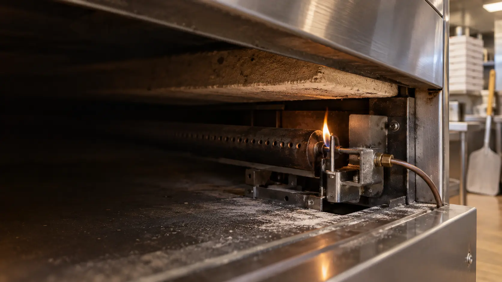 Close view inside a cold commercial deck pizza oven burner compartment below the stone floor, a small weak yellow pilot flame barely touching the tip of a thermocouple beside a long burner tube, a light dusting of flour on the metal.