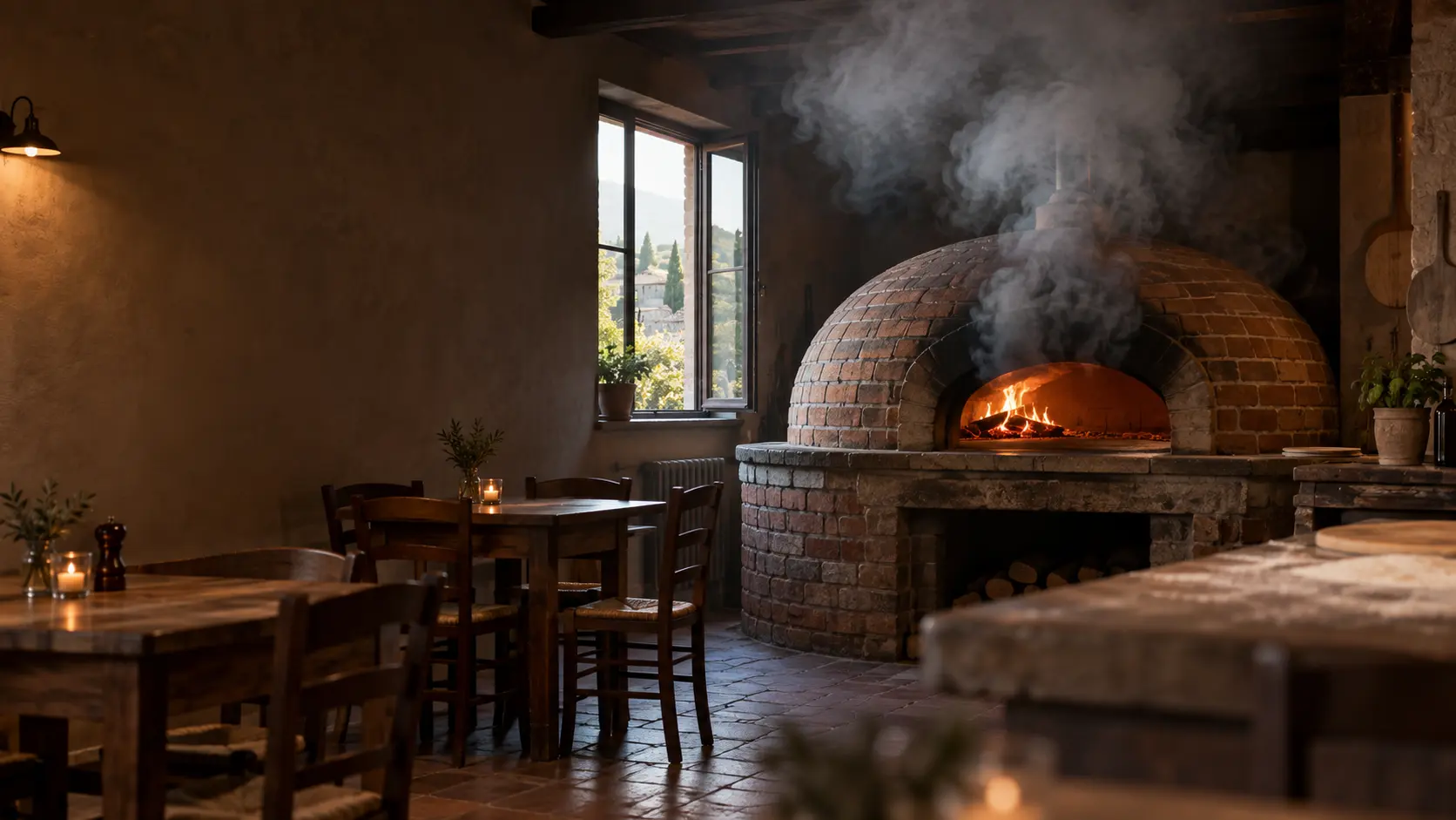 An empty rustic pizzeria dining room with a domed brick pizza oven at the far wall, a thick gray haze of smoke rolling out of the top of the pizza oven mouth and hanging under the ceiling, a low fire glowing on the stone floor inside, the tables empty and a window standing open.