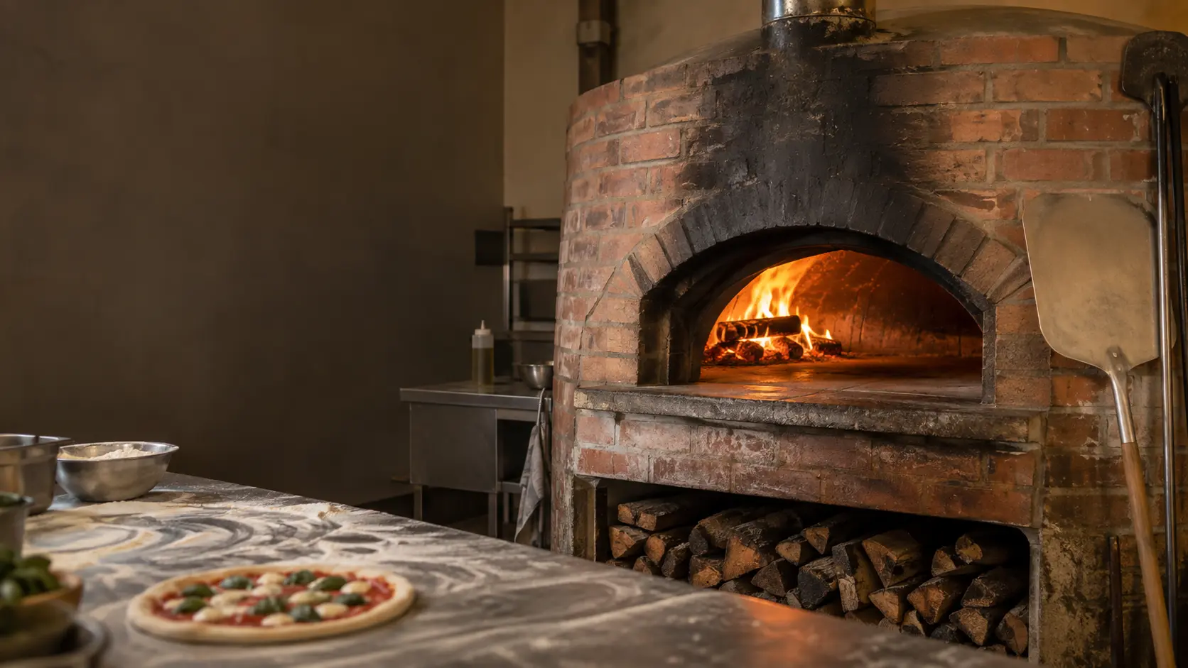 The front of a brick-faced wood-fired pizza oven in a restaurant, black soot streaks rising from the arched mouth up across the facade and onto the wall above, a low fire at the back of the pizza oven stone floor.
