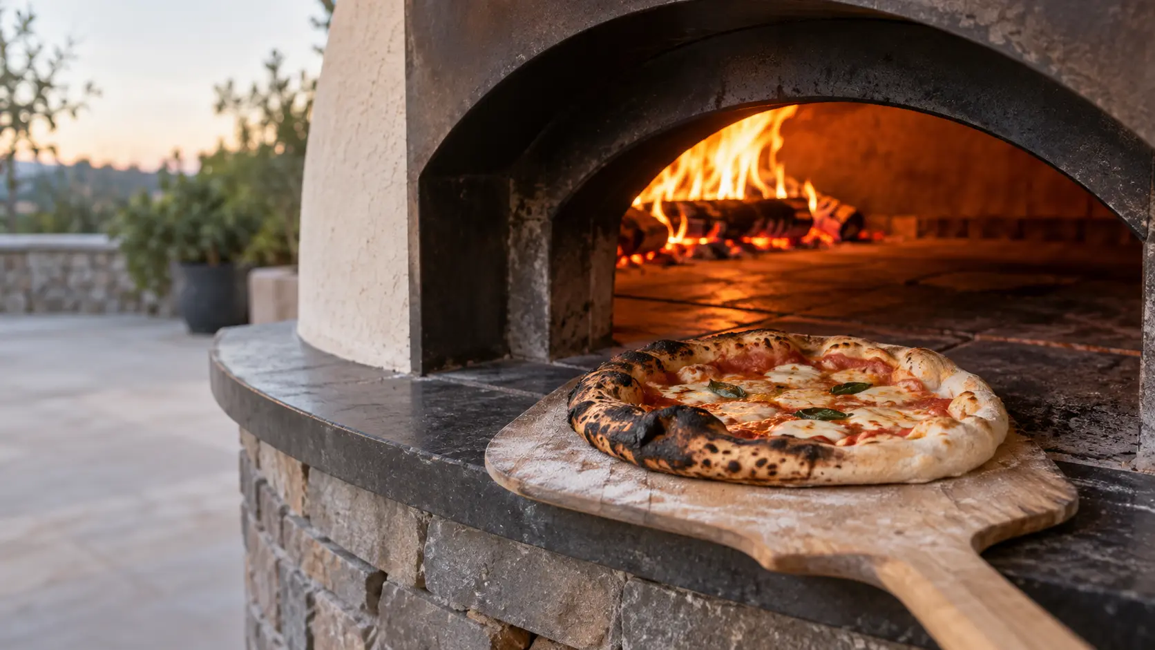 A finished Neapolitan-style pizza on a wooden peel resting at the mouth of a domed pizza oven, its crust charred black on one side and pale on the other, the glowing fire at the back of the pizza oven stone floor softly blurred behind.