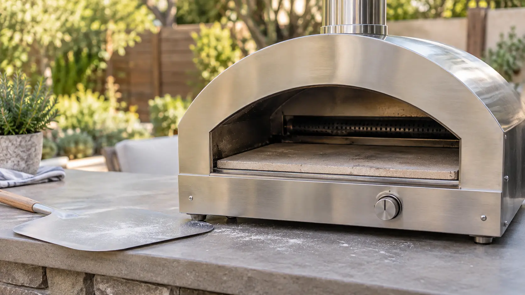 A stainless outdoor gas pizza oven on a patio counter in plain afternoon light, its door off and the pizza oven stone floor cold and empty, the burner channel along the back dark with no flame, the knob at the front.