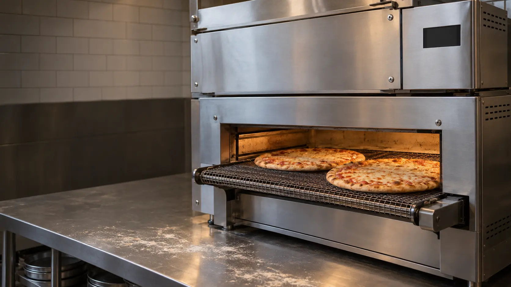 A stainless conveyor pizza oven on a pizzeria counter, the conveyor pizza oven's wire belt carrying two pizzas out of the tunnel mouth, a stacked tunnel oven above it, a tiled wall behind, warm indoor light.