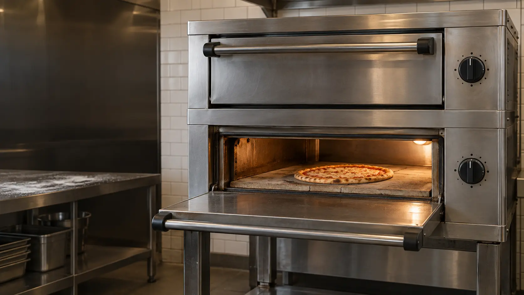 A pizzeria's stainless deck pizza oven with two stacked chambers on steel legs, the lower door open on a stone deck where a pizza is baking, dials beside each door, the deck oven clearly a pizza oven and the subject of the frame, a tiled wall behind, warm indoor light.