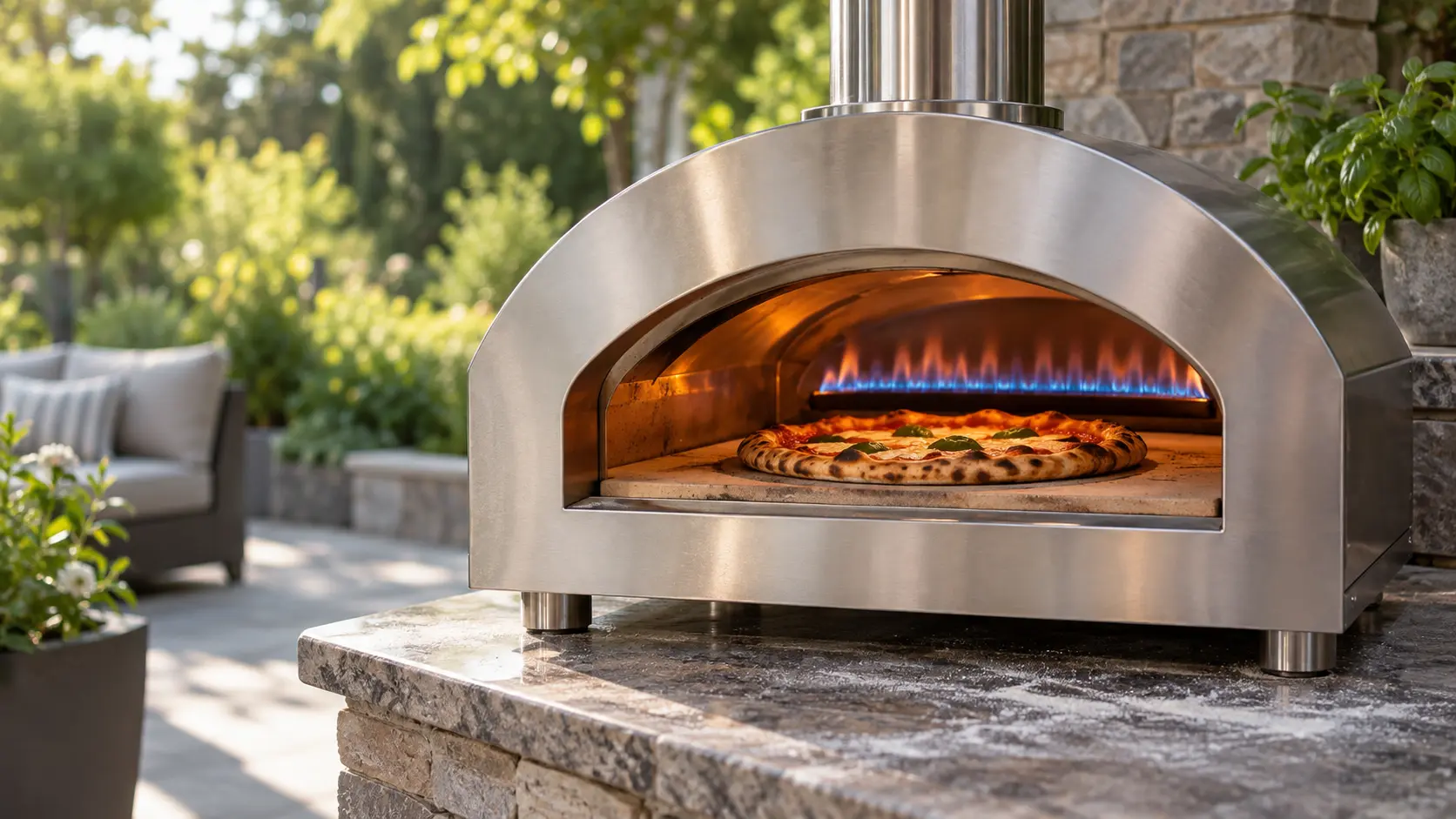 A stainless outdoor gas pizza oven on a stone counter on a patio, a pizza oven with a wide low mouth and a blue gas flame rolling along the back wall under its dome, a golden pizza sitting on the stone floor inside, the pizza oven clearly the subject, plants softly blurred behind, daylight, seasonless.