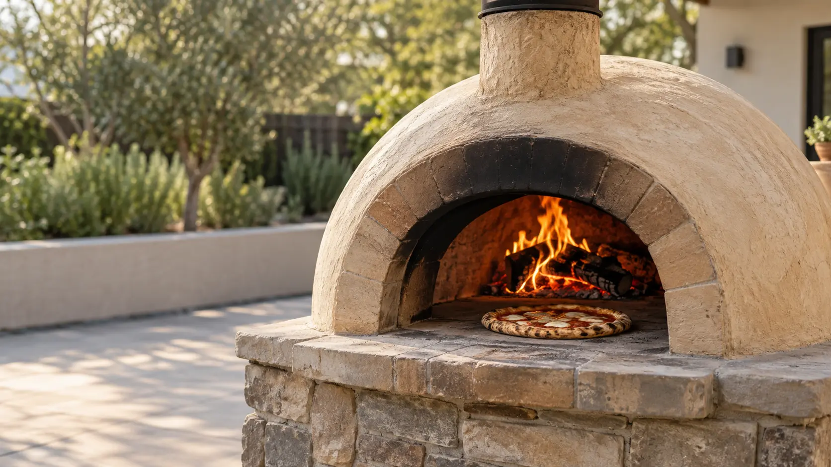 A domed wood-fired pizza oven finished in warm plaster on a masonry base on a patio, a pizza oven with a round arched mouth and a short chimney above it, a small wood fire burning at the back of the brick floor, a pizza on the stone floor near the mouth, the pizza oven clearly the subject, daylight, seasonless.
