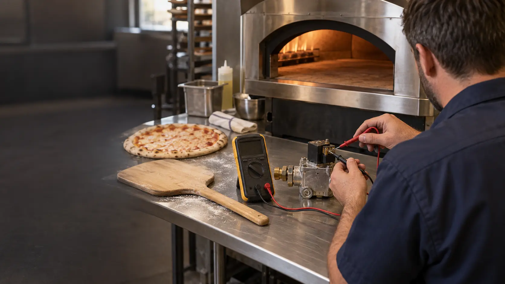 A repair technician in a plain navy work shirt testing a pizza oven gas valve with a meter on a workbench, face turned away.