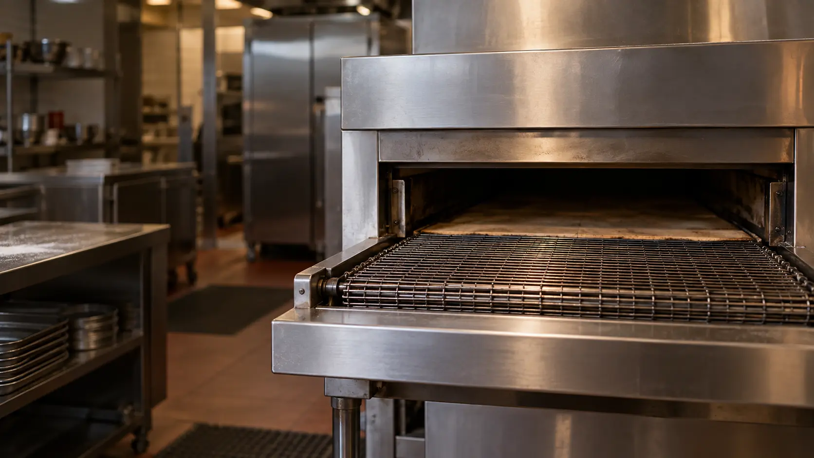 The loading end of a stainless conveyor pizza oven in a pizzeria, the pizza oven's wire belt empty and still at the tunnel mouth, the tunnel dark, nobody at the oven.