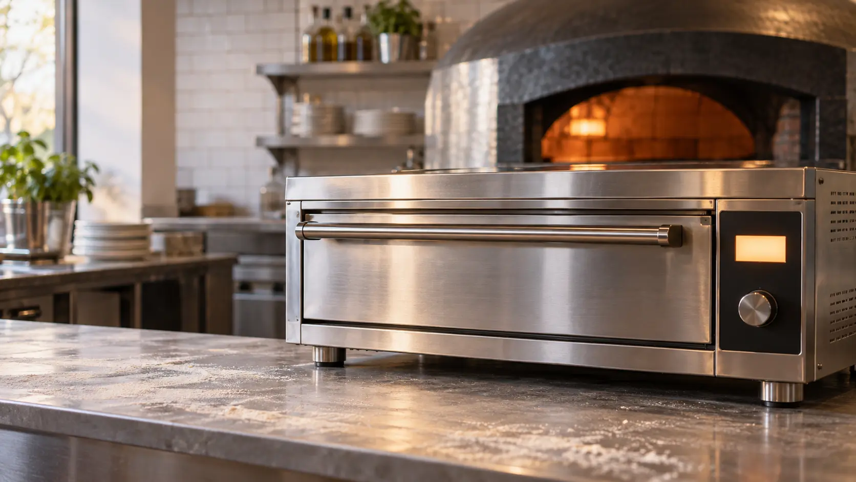 The front control panel of a stainless rapid-cook pizza oven on a pizzeria counter, the pizza oven's display glowing with no characters readable, its door closed and nobody at the oven.