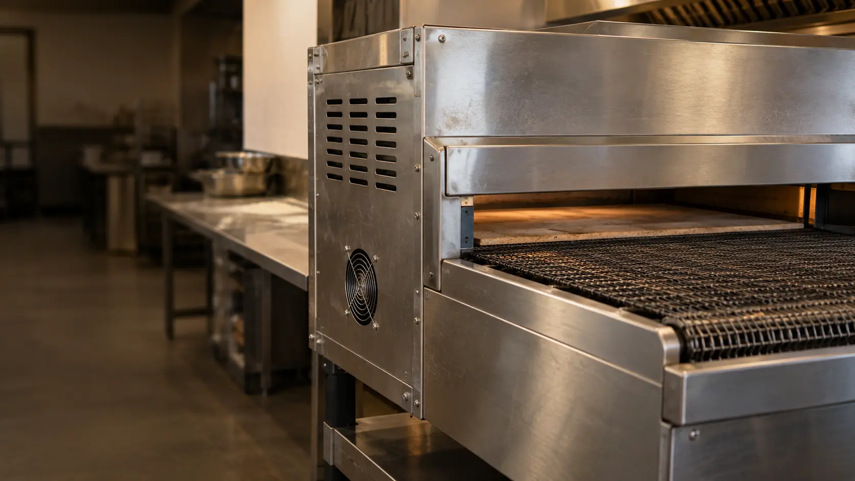 The side of a stainless conveyor pizza oven in a pizzeria, the pizza oven's slotted air intake grille and a small fan guard in view, the belt empty, nobody at the oven.