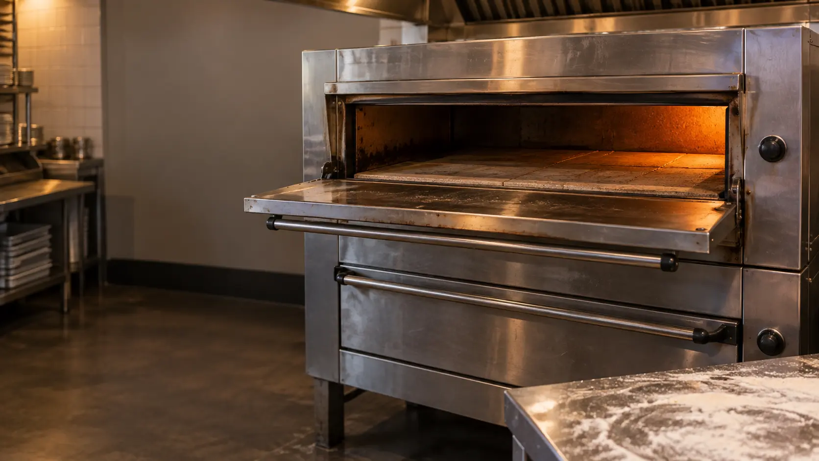 A stack of two stainless electric deck ovens in a pizzeria, the upper pizza oven's door lowered to show its bare stone deck glowing faintly on one side and dark on the other, nobody at the oven.