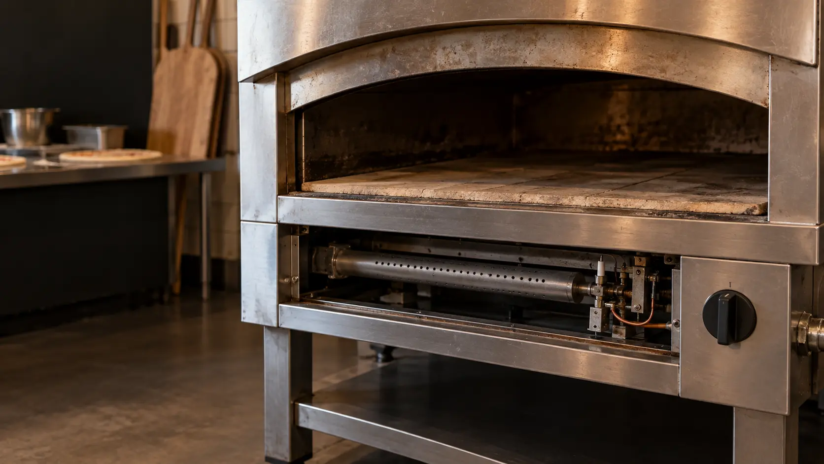 The open lower front of a cold commercial deck oven in a pizzeria, the pizza oven's burner tube and small pilot assembly visible under the deck, the gas control knob set to off, nobody near the gas.