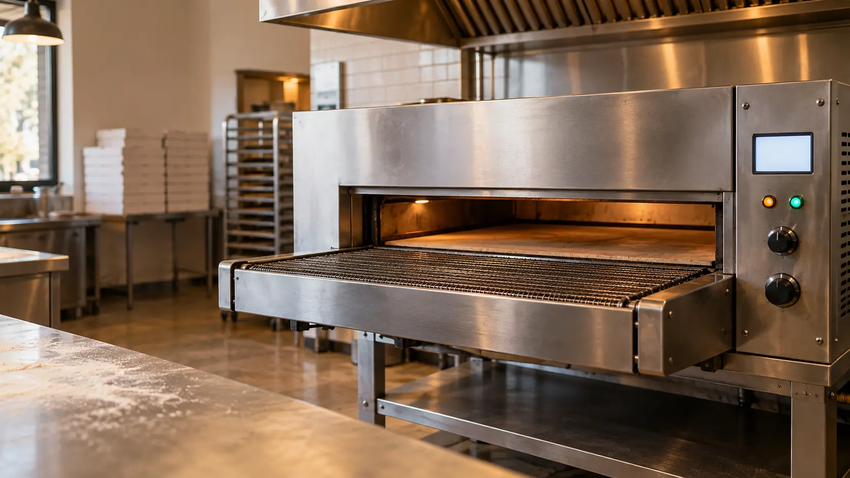 The control panel on the side of a stainless conveyor pizza oven in a pizzeria, its small display lit with no characters readable, the pizza oven's belt empty and still, nobody at the oven.