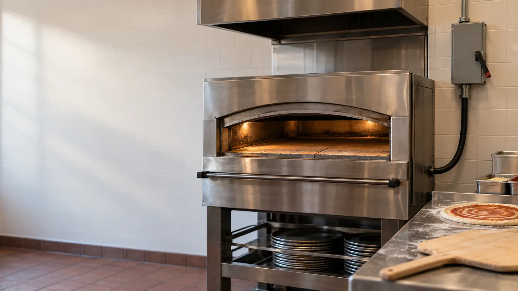 A gray electrical disconnect box on a tiled pizzeria wall beside a stainless deck pizza oven, the oven's heavy power cord running up to it, the disconnect handle set to off, nobody near it.