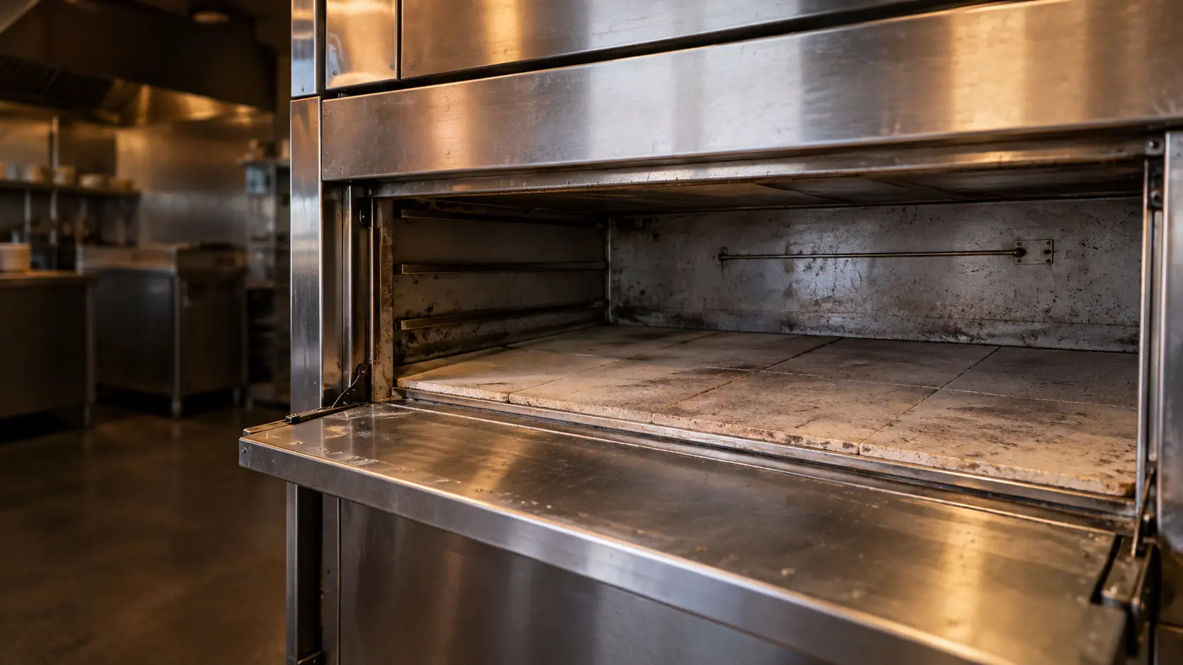 The inside of a cold commercial deck oven in a pizzeria with its door open, the pizza oven's stone deck bare and a thin steel temperature probe visible along the back wall, nobody at the oven.