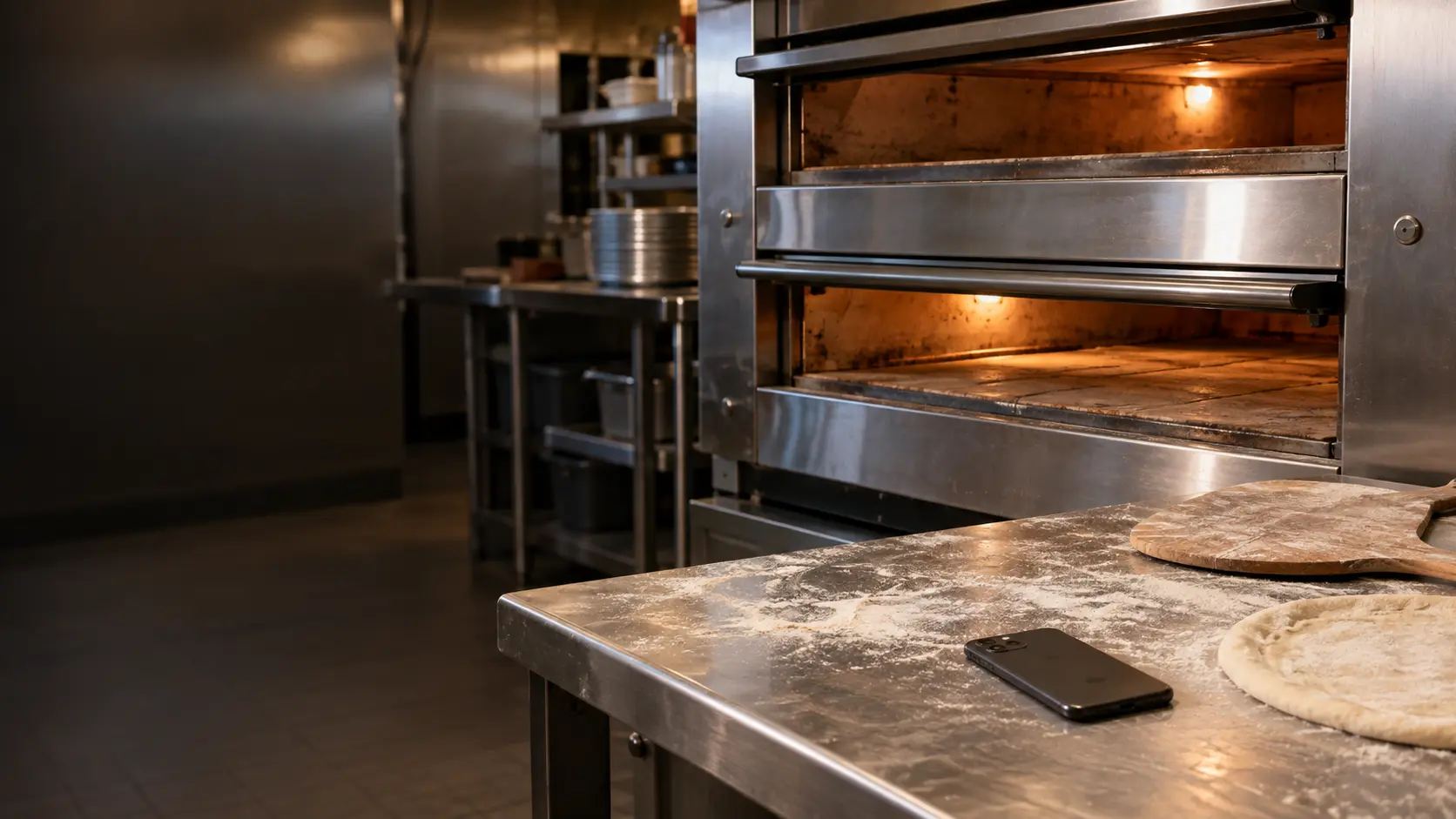 A phone lying face down on a floured counter beside a pizza oven.