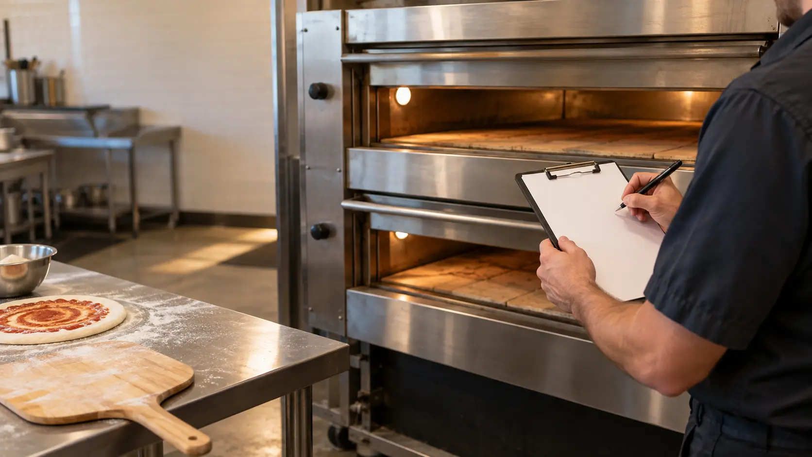 A technician writing on a blank clipboard beside a pizza oven, the page empty of any writing.