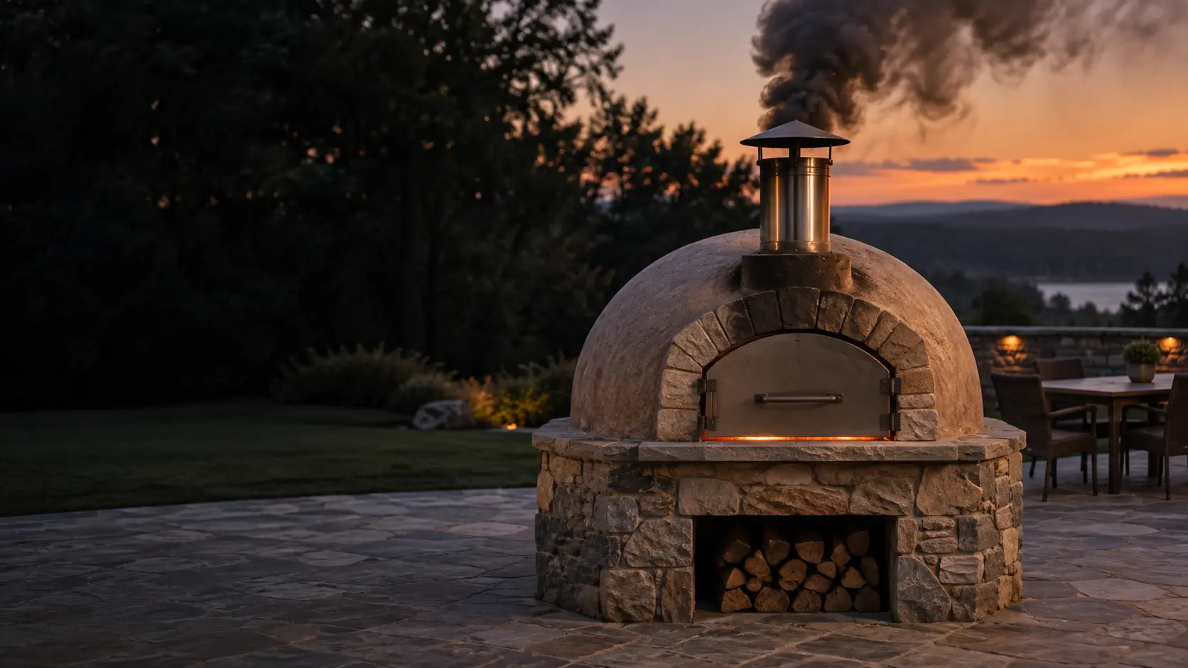 A domed wood-fired pizza oven alone on an open stone patio at dusk, the pizza oven's metal door closed over the mouth, a thick column of dark smoke and a few sparks rising from the steel chimney cap on top of the dome, a faint orange glow at the door seam, patio chairs and a table pushed well back.