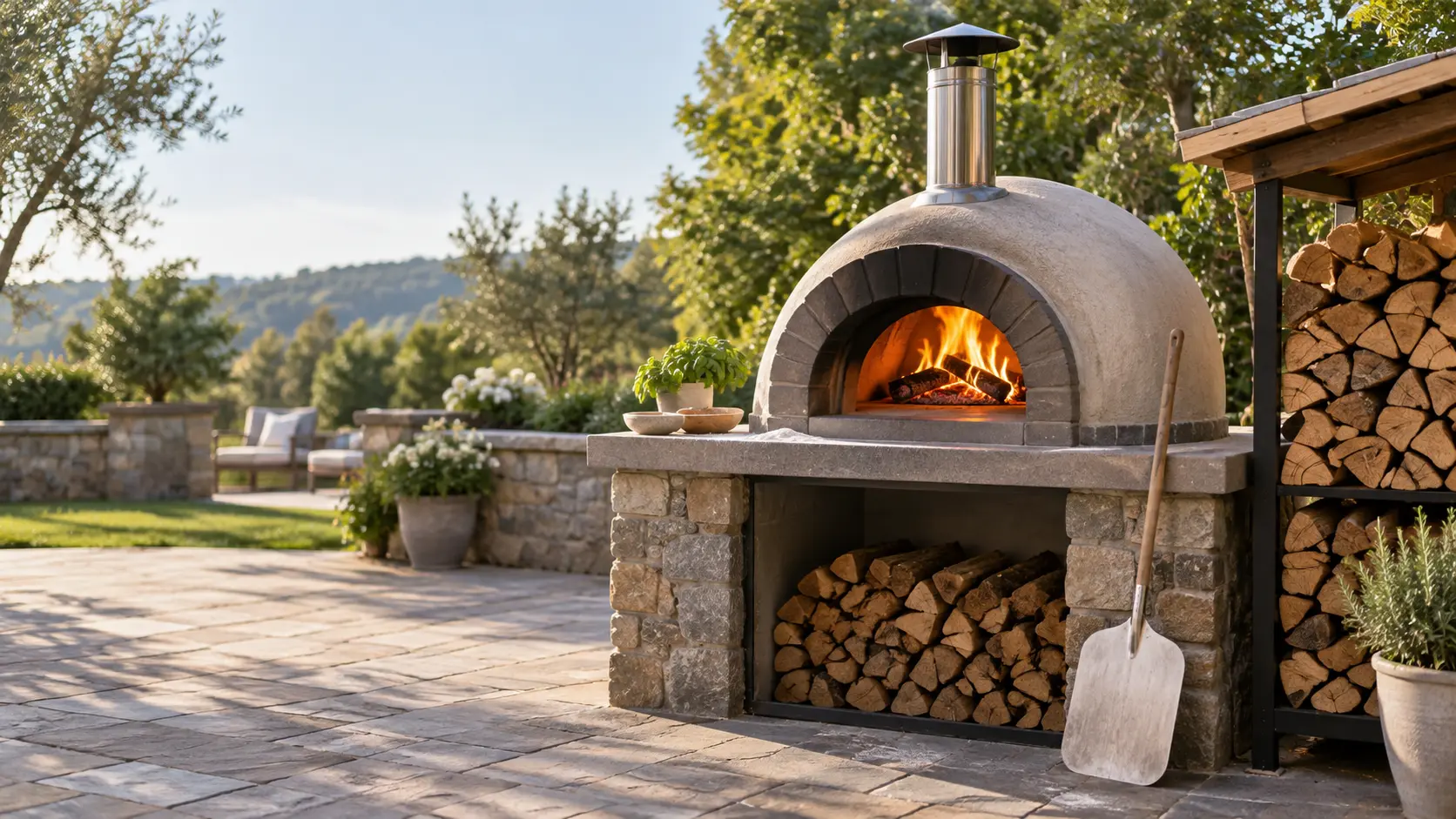 A neat stack of split, seasoned oak on a raised rack under a small roof beside a domed wood-fired pizza oven on a stone patio, a bright clean fire burning at the back of the pizza oven's stone floor with no smoke at the chimney cap, a long-handled peel leaning against the stand.