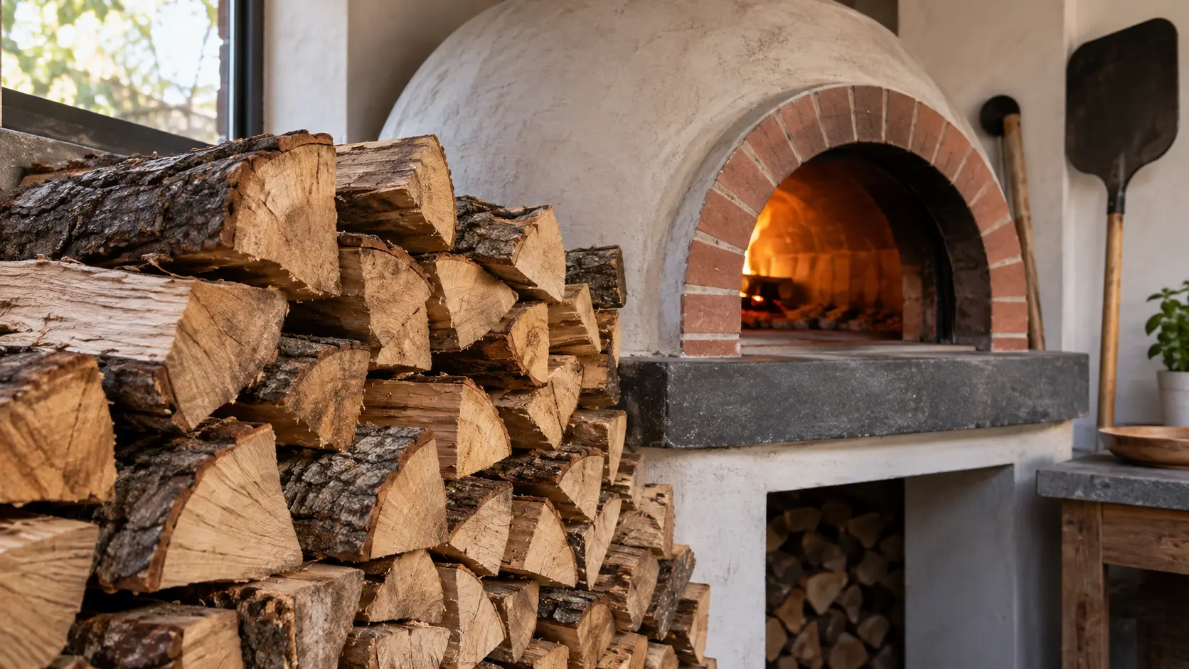 Close on a neat stack of split, seasoned hardwood beside a pizza oven.
