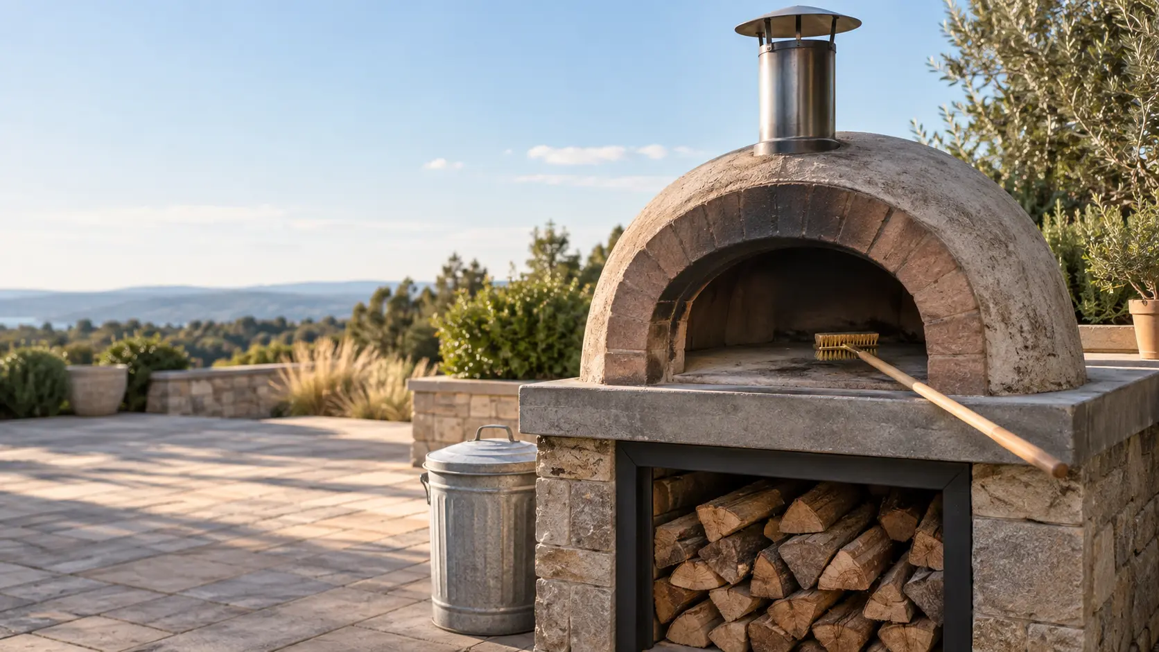 A cold domed wood-fired pizza oven on a patio, the pizza oven's stone floor half swept with a long-handled brass brush resting in the mouth, a lidded metal ash can standing on the pavers beside the stand, the short steel chimney with its rain cap clear against an open sky.