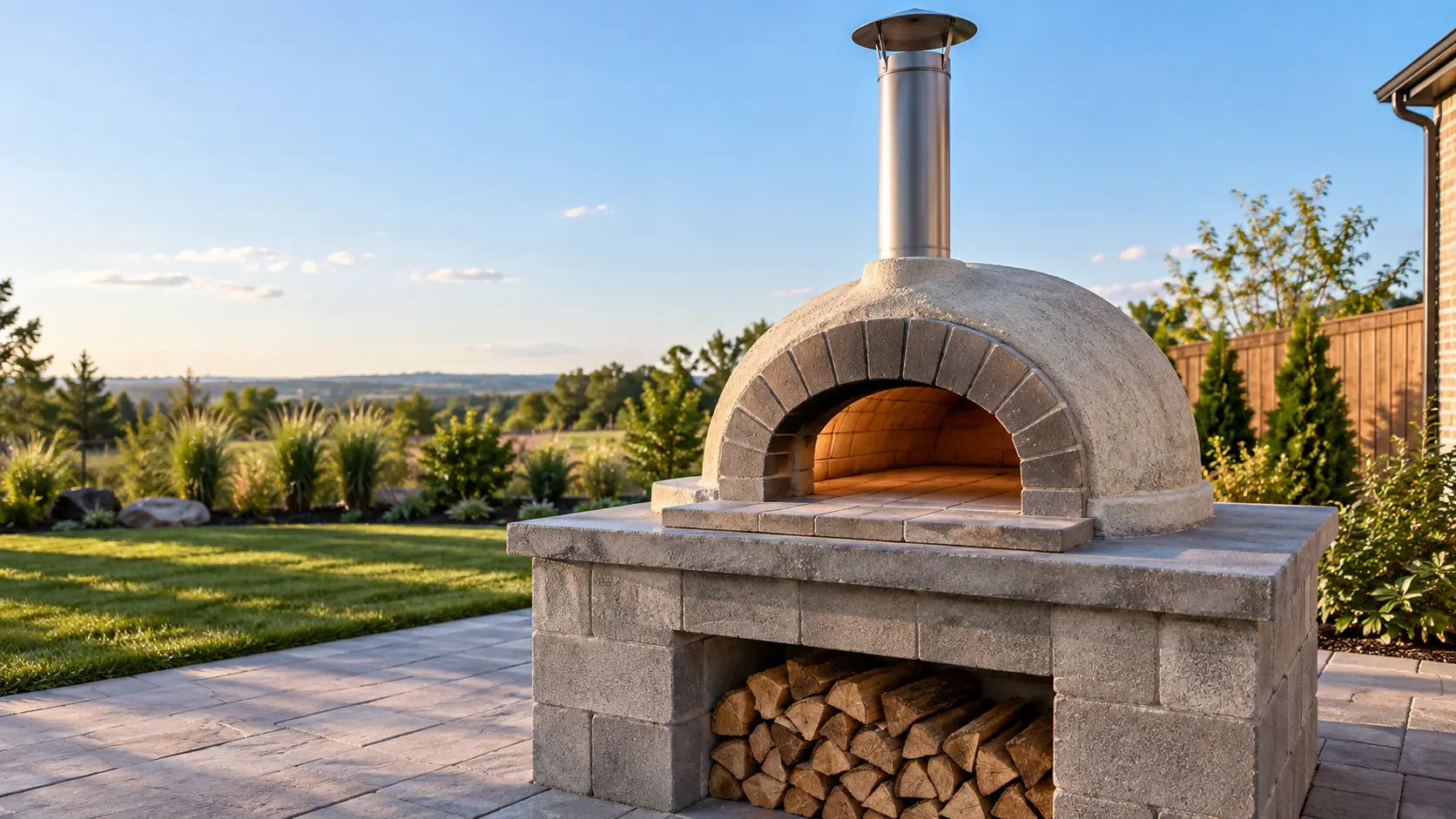A newly finished domed wood-fired pizza oven on a gray concrete-block stand with a thick slab top in an open backyard, the pizza oven set well away from a brick house wall and a wooden fence, a straight steel chimney with a rain cap and open sky above, a stone apron in front of the pizza oven's mouth.
