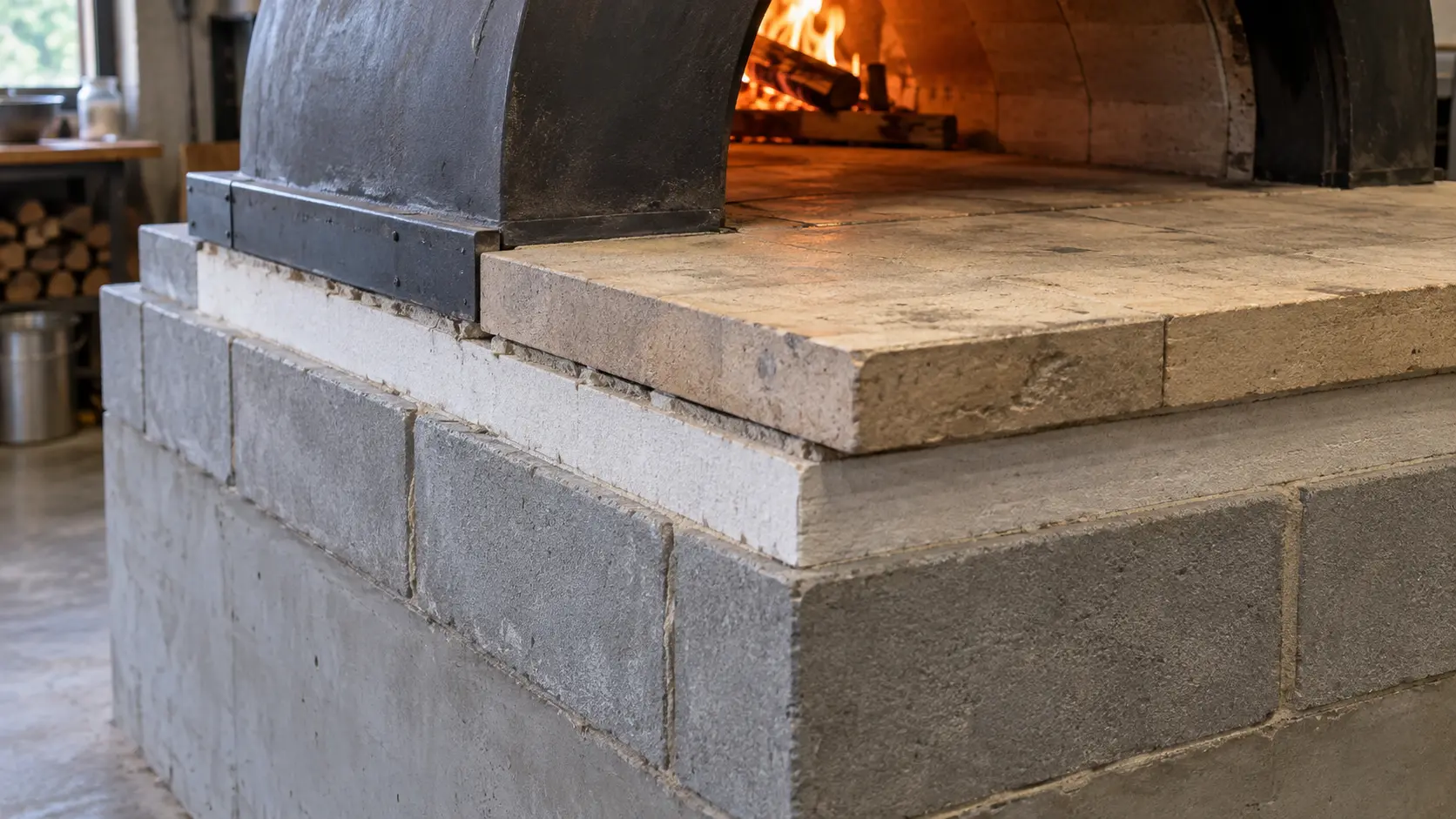Close on the insulated stand and hearth slab under a wood-fired pizza oven.