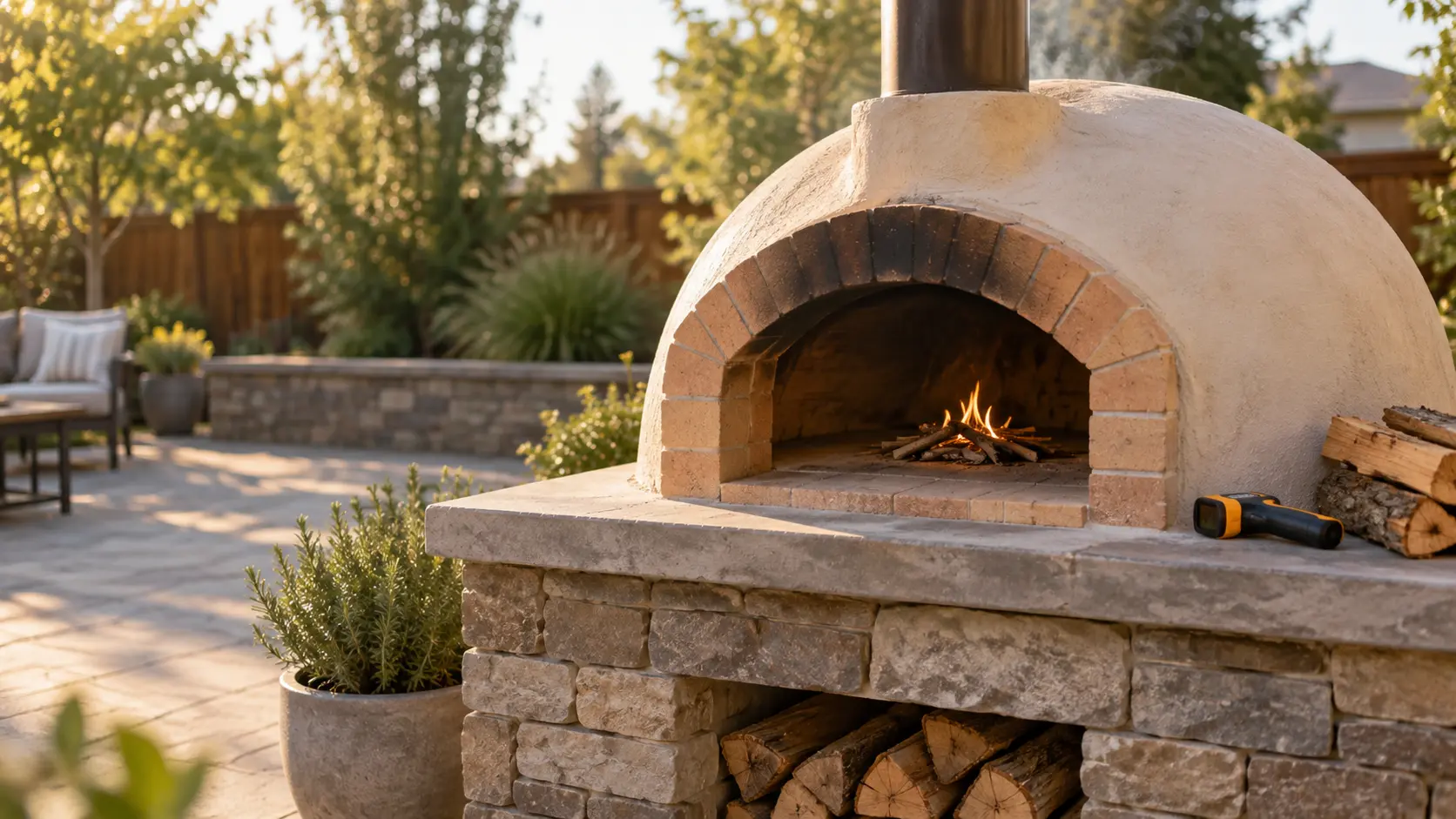 A newly built domed wood-fired pizza oven on a backyard masonry stand in soft late-afternoon light, a very small fire of a few sticks near the center of the pizza oven's stone floor, a faint wisp of steam rising from the plastered dome, an infrared thermometer and a short stack of split hardwood on the stand's ledge.