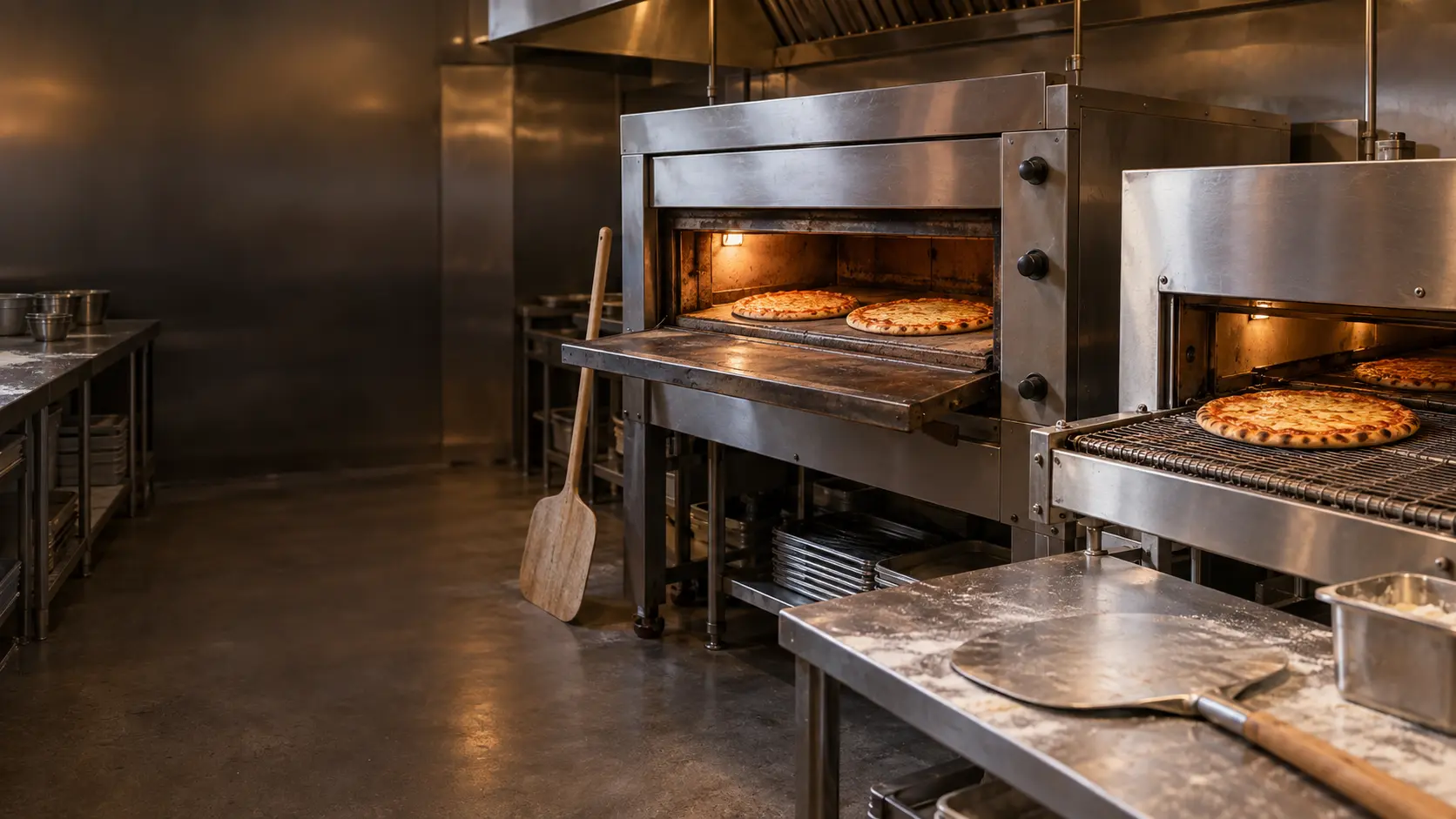 The back line of a busy pizzeria, a stainless deck pizza oven with its door lowered onto a stone deck holding two pies, and beside it a stainless conveyor pizza oven with finished pizzas riding out on its wire belt, warm evening light.