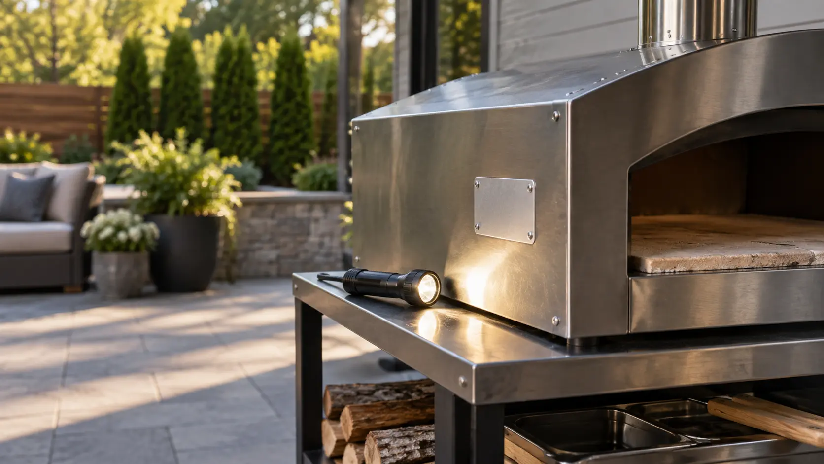 The back corner of a cold stainless outdoor gas pizza oven on a cart on a patio, a small blank metal rating plate riveted to the pizza oven's rear panel lit from the side by a flashlight lying on the cart shelf, the oven's stone floor just visible through the open front.