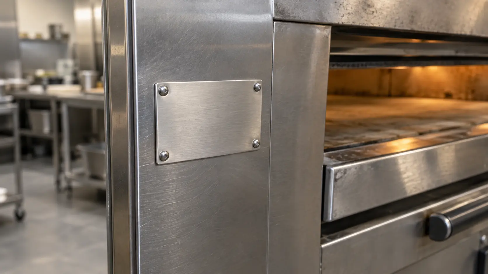 Close on a small blank metal plate with no characters on the side of a pizza oven.