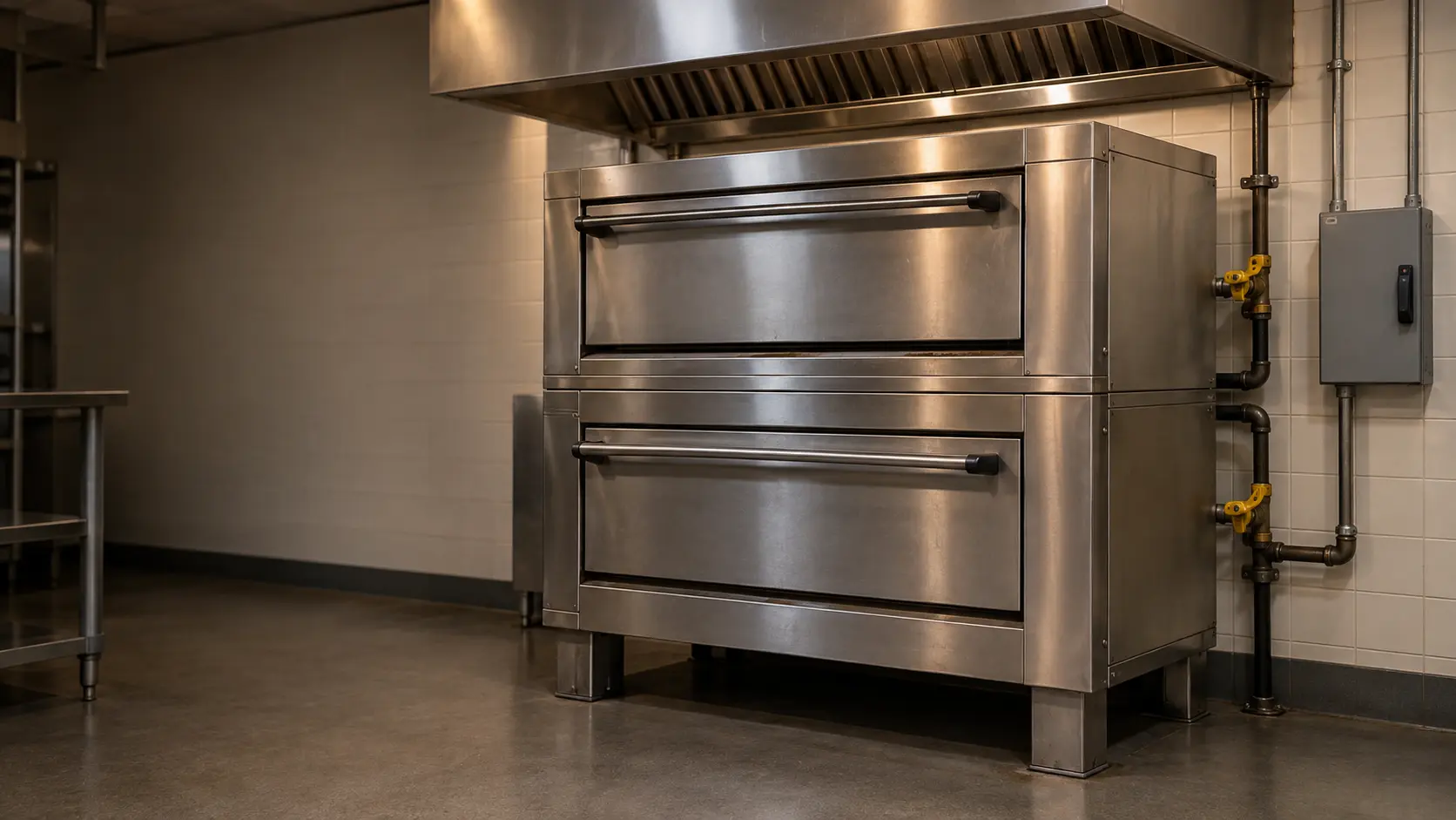 A pizzeria's two stacked stainless deck pizza ovens against a tiled wall after closing, the pizza oven doors shut, a yellow-handled gas shutoff valve on the rigid line behind each pizza oven and a gray electrical disconnect box on the wall beside them, a steel exhaust canopy overhead, an empty clean floor.