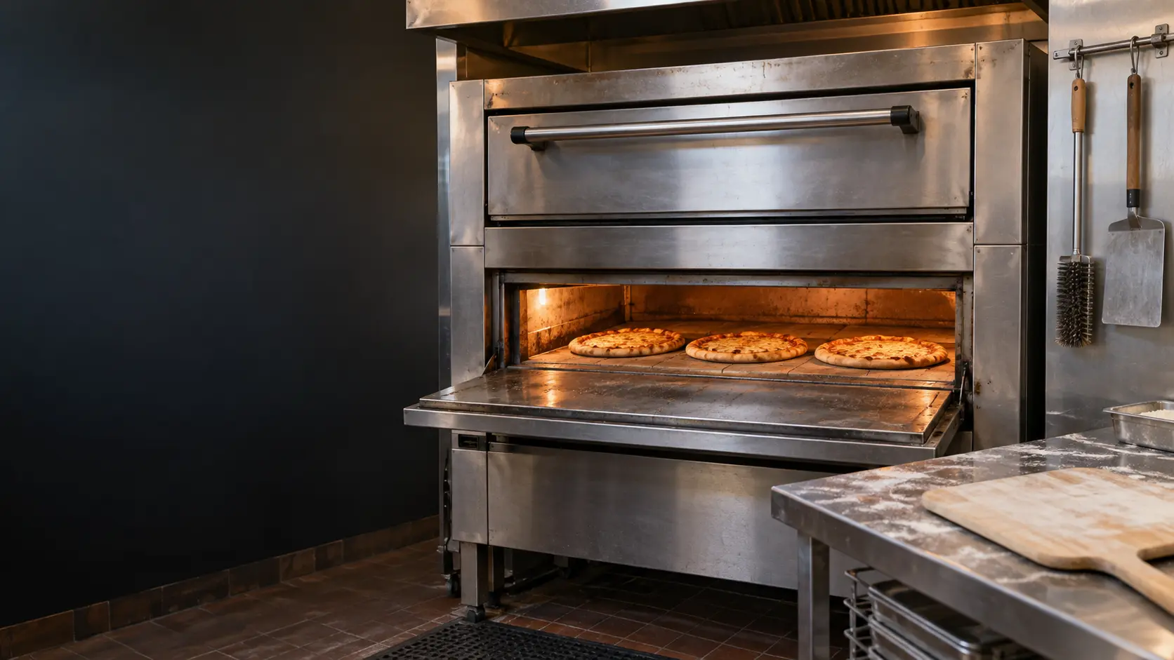 A pizzeria's stainless double deck pizza oven with its lower door open, the pizza oven's stone deck lit from inside and holding three evenly browned pies in a row, a long-handled wire deck brush and a flat scraper hanging on a wall rail beside it.