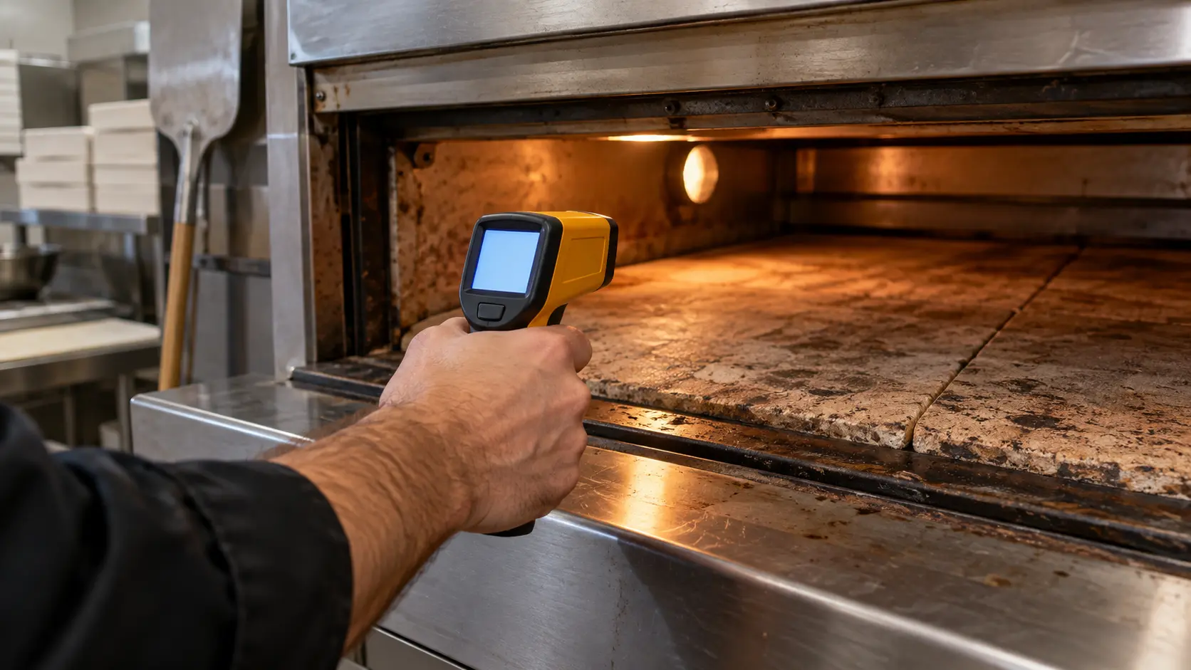 Close on an infrared thermometer reading the stone of a deck pizza oven.