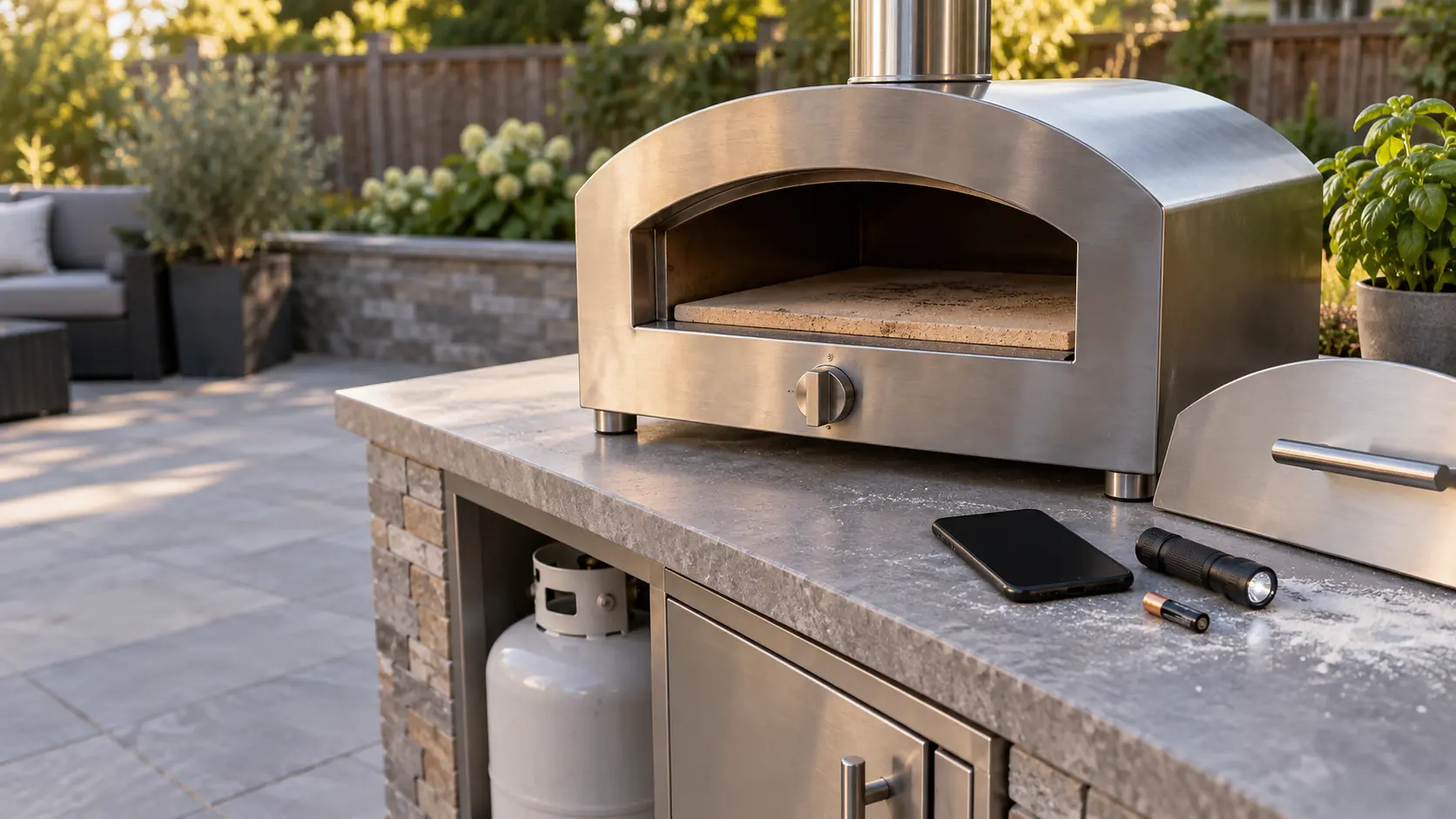 The front of a cold stainless outdoor gas pizza oven on a patio counter, the pizza oven's door set aside and its empty stone floor in view, the control knob at off, a phone, a small flashlight and a fresh AAA battery lying on the counter beside the pizza oven, a closed propane cylinder under the counter.