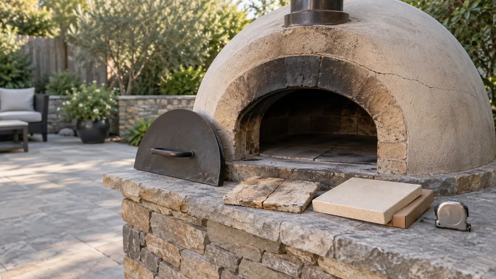 A cold domed wood-fired pizza oven on a backyard stone stand with its door set aside, a thin hairline crack across the pizza oven's dome face and one cracked floor tile lifted out beside a new tile in packaging on the ledge, a steel tape measure lying next to it.
