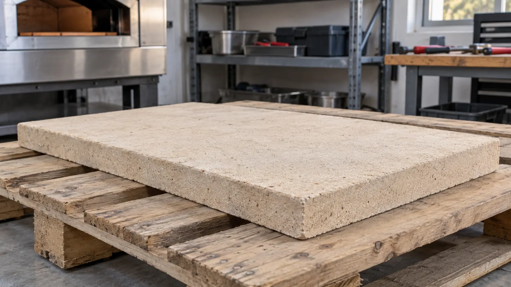 Close on a new refractory deck stone for a pizza oven on a pallet in a workshop.