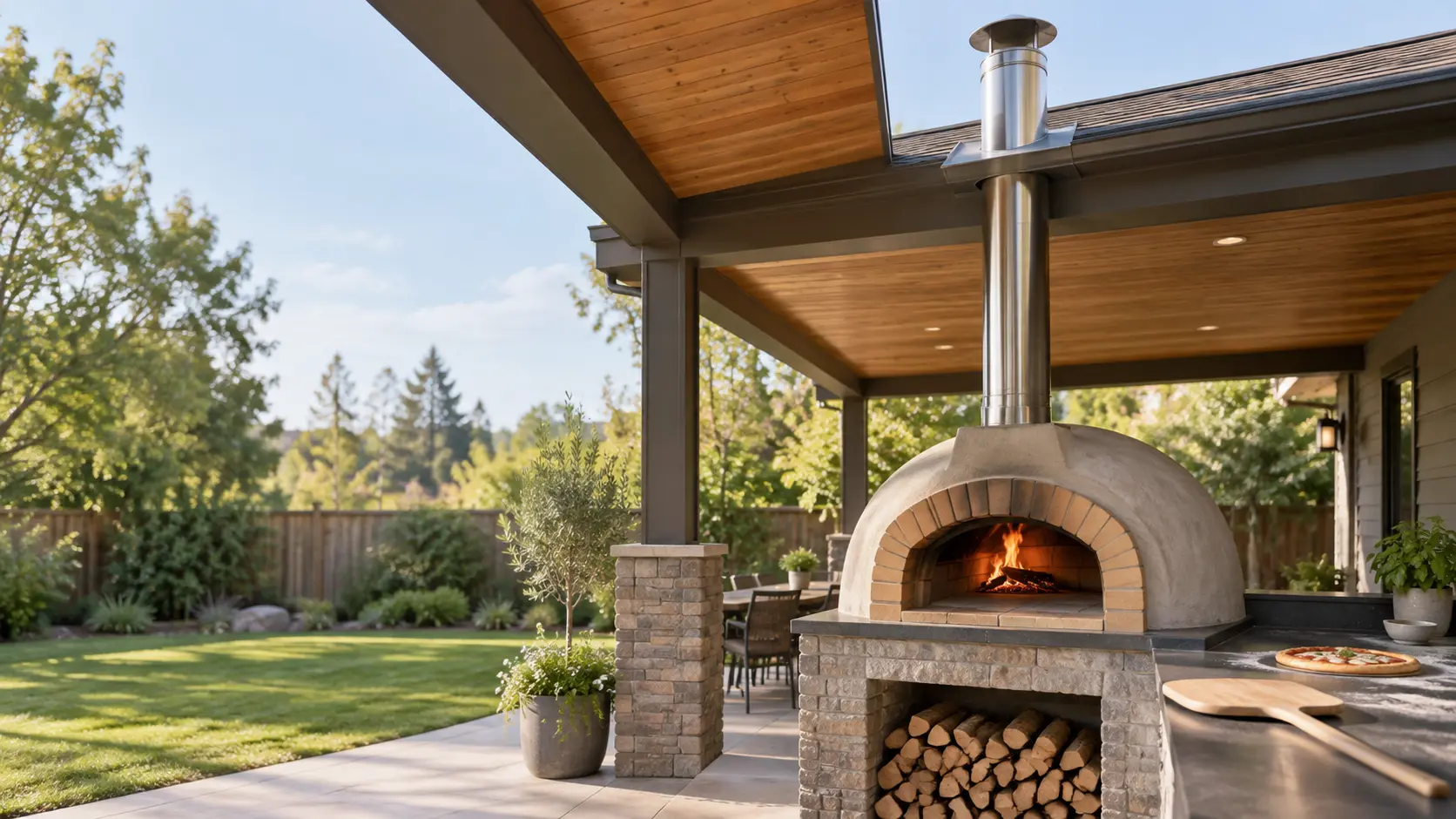 A domed wood-fired pizza oven built under the edge of a covered patio roof, its tall double-wall steel chimney rising straight up through the roof and ending well above the roofline with a rain cap, a small clean fire at the back of the pizza oven's stone floor and only a faint heat shimmer above the cap.