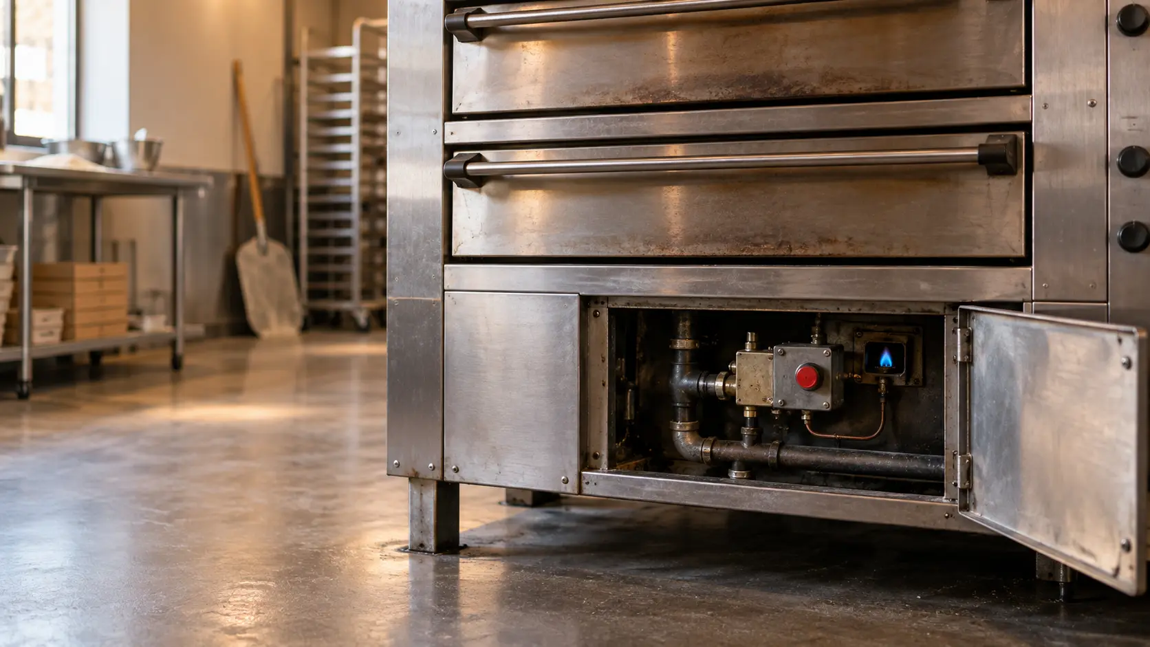 The lower front of a stainless gas deck pizza oven in a pizzeria, its control panel door open to show a gas valve with a red pilot button and a small steady blue pilot flame behind a sight opening, the closed deck doors of the pizza oven above.