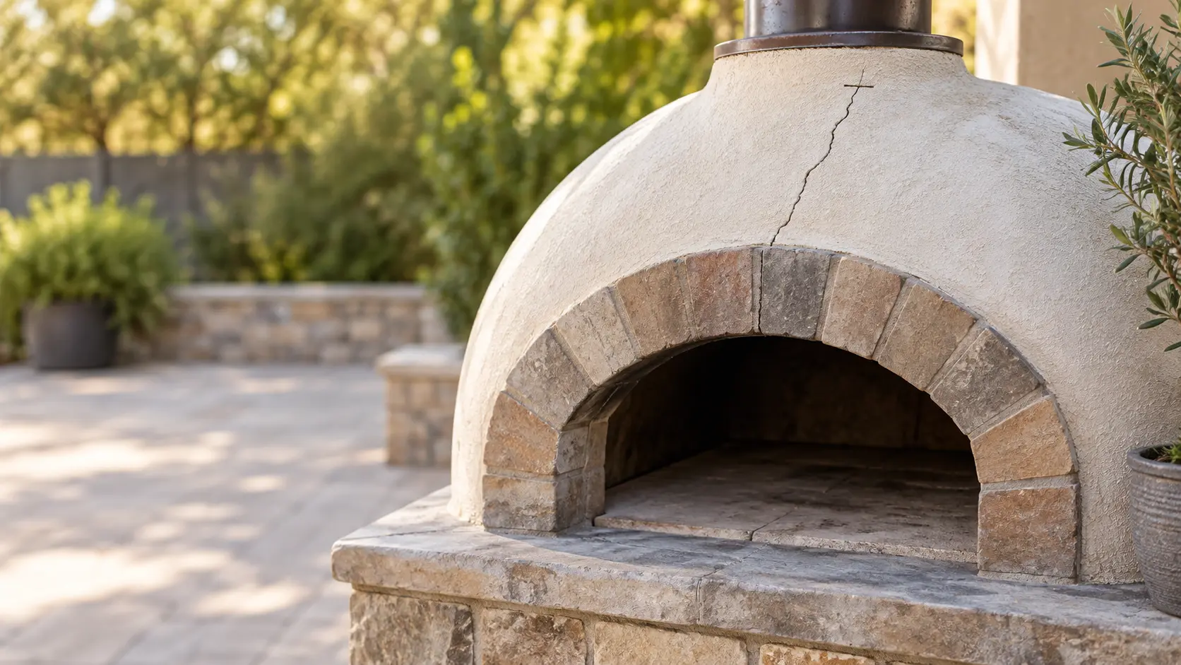 A close view of the front of a cold domed wood-fired pizza oven on a patio, a thin crack running up the pale stucco of the pizza oven's dome from the arch toward the chimney, the empty stone floor dark inside the mouth, a pencil mark at the end of the crack.